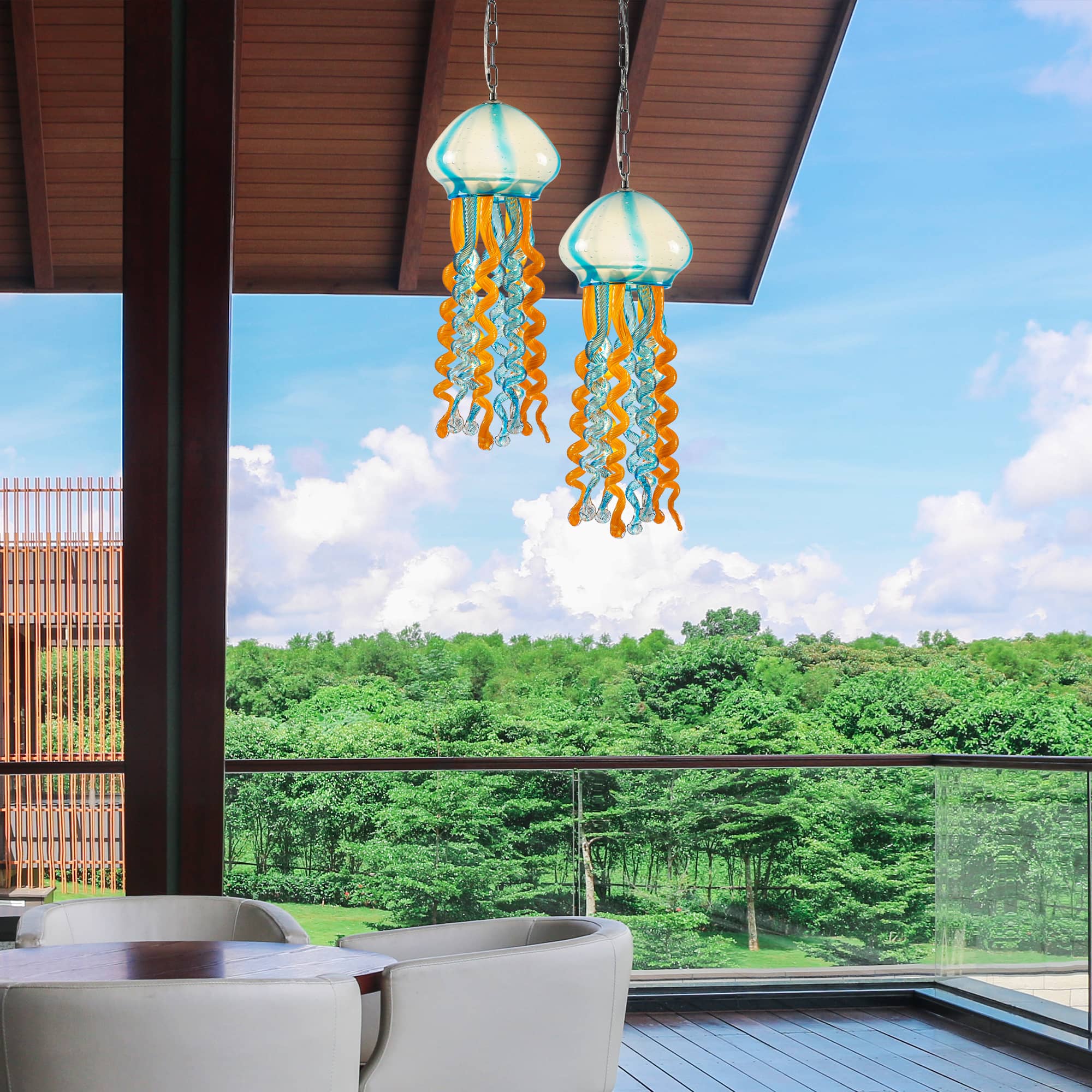Murano Style Blown Glass Jellyfish Lamp Wind Chime Light Blue & Orange Pendant - BeyPan