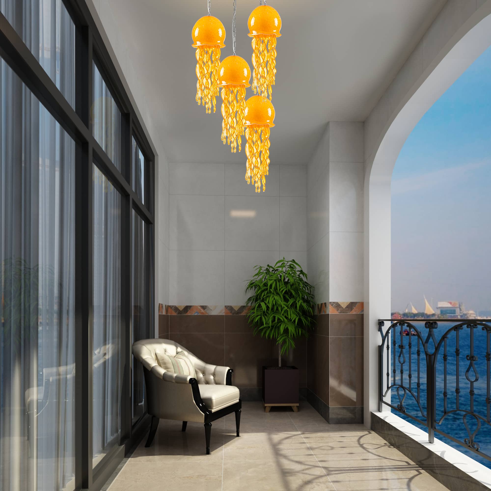 Murano Style Blown Glass Jellyfish Lamp Wind Chime Suncatcher Orange Pendant - BeyPan