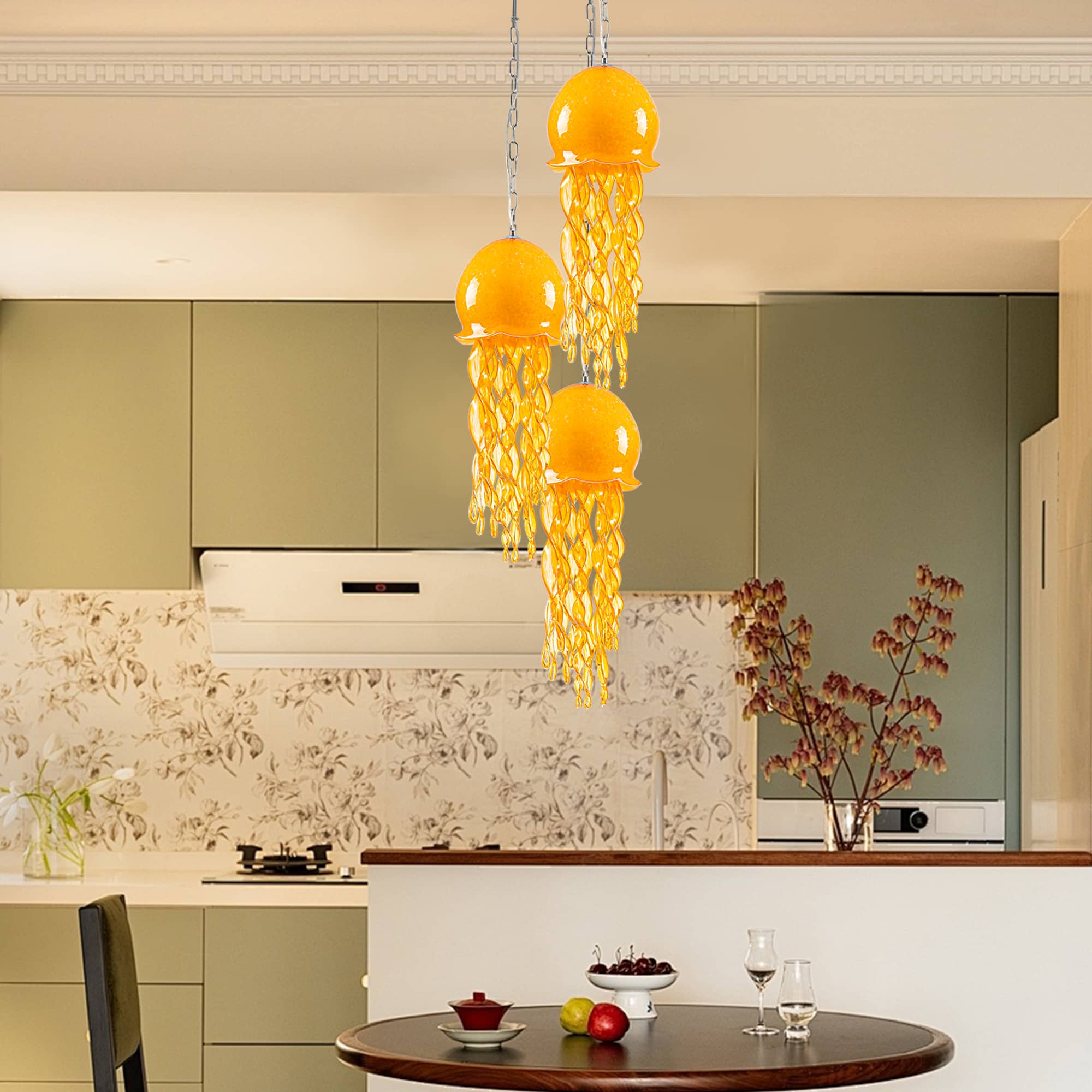 Murano Style Blown Glass Jellyfish Lamp Wind Chime Suncatcher Orange Pendant - BeyPan