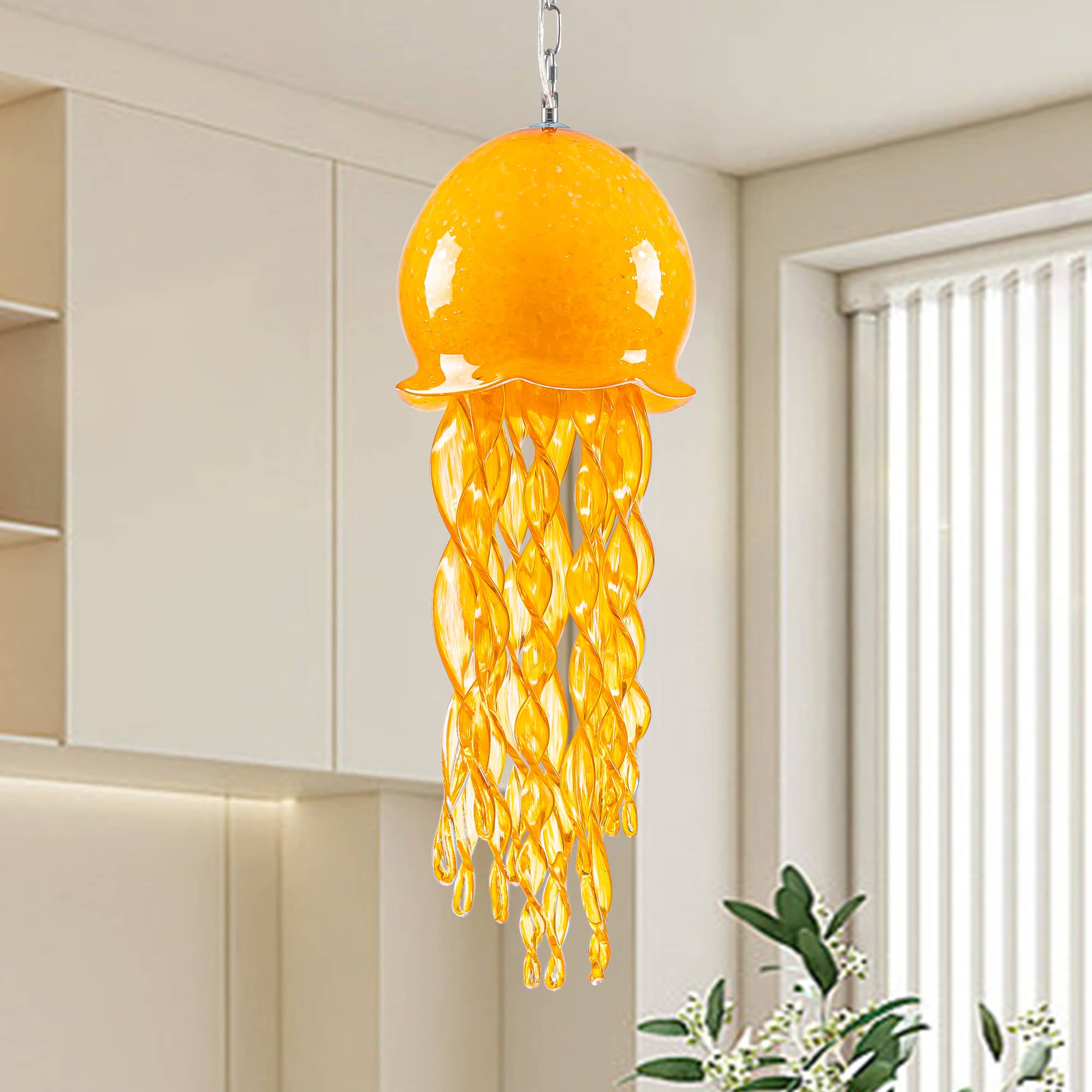 Murano Style Blown Glass Jellyfish Lamp Wind Chime Suncatcher Orange Pendant - BeyPan