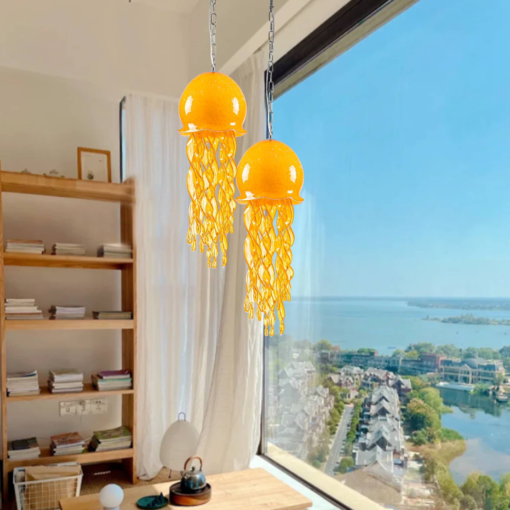 Murano Style Blown Glass Jellyfish Lamp Wind Chime Suncatcher Orange Pendant - BeyPan