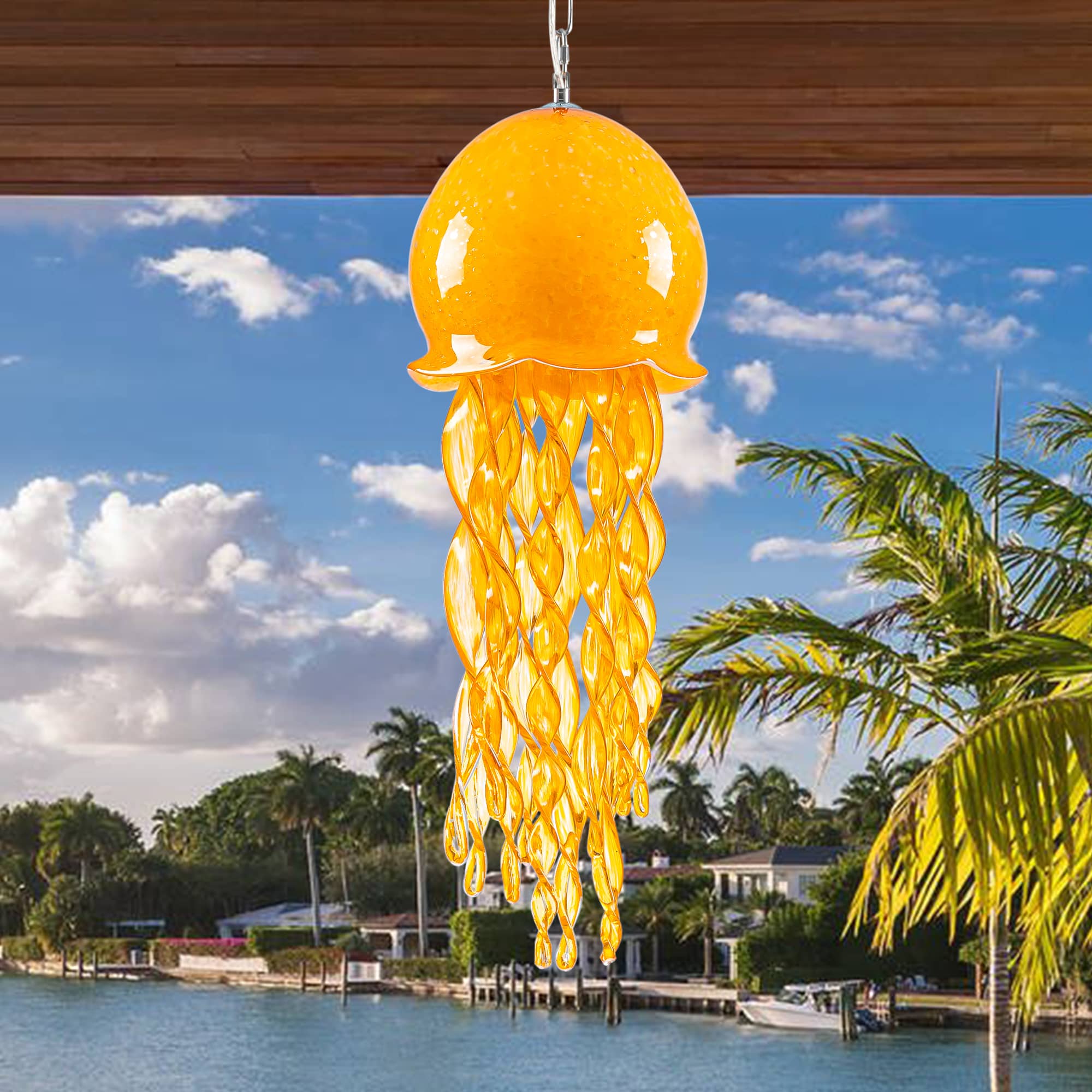 Murano Style Blown Glass Jellyfish Lamp Wind Chime Suncatcher Orange Pendant - BeyPan