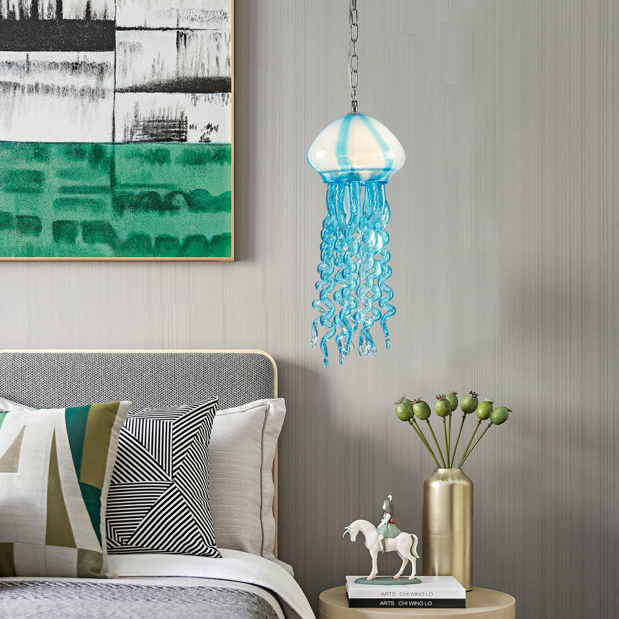 Murano Style Blown Glass Jellyfish Pendant Lamp Wind Chime Suncatcher Blue - BeyPan