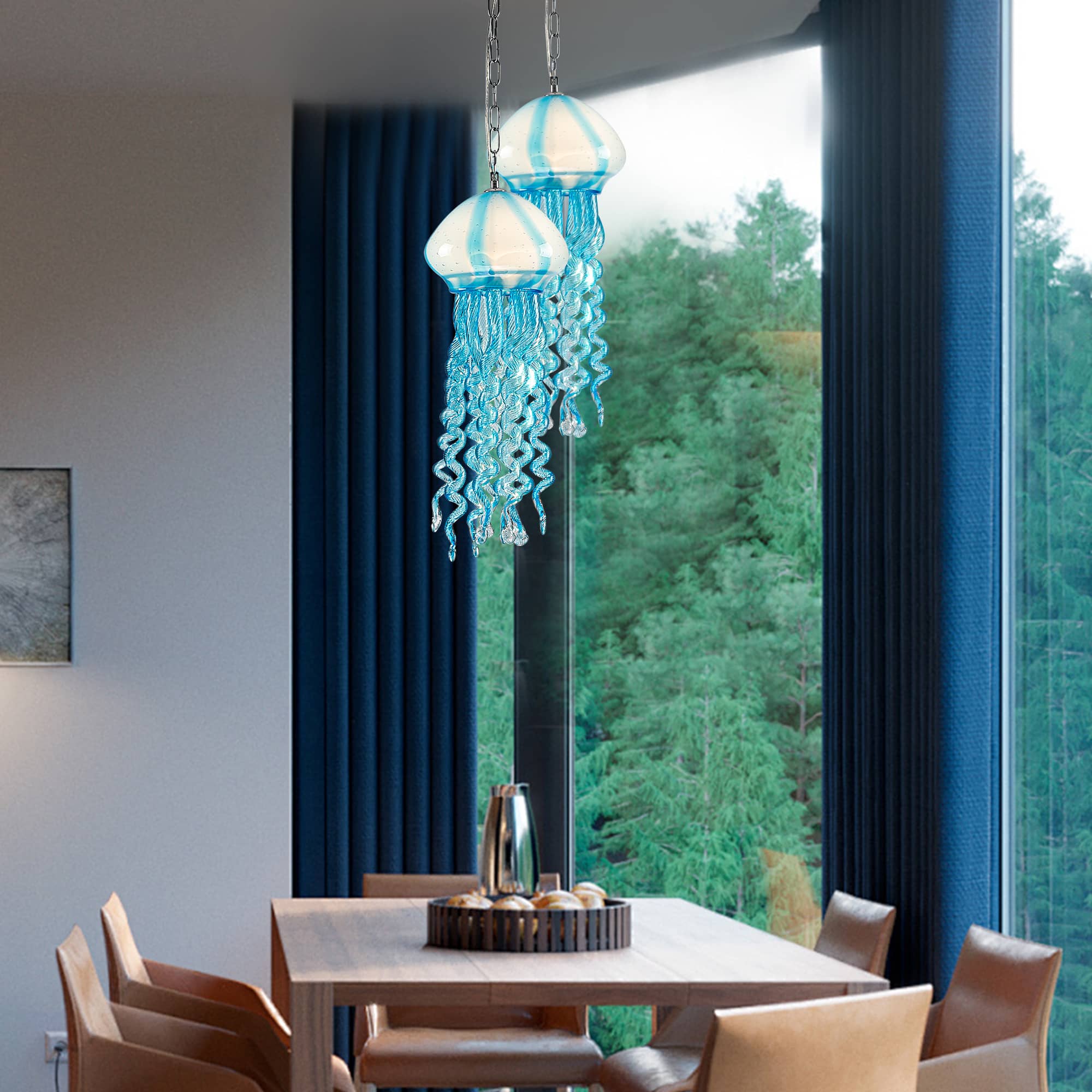 Murano Style Blown Glass Jellyfish Pendant Lamp Wind Chime Suncatcher Blue - BeyPan