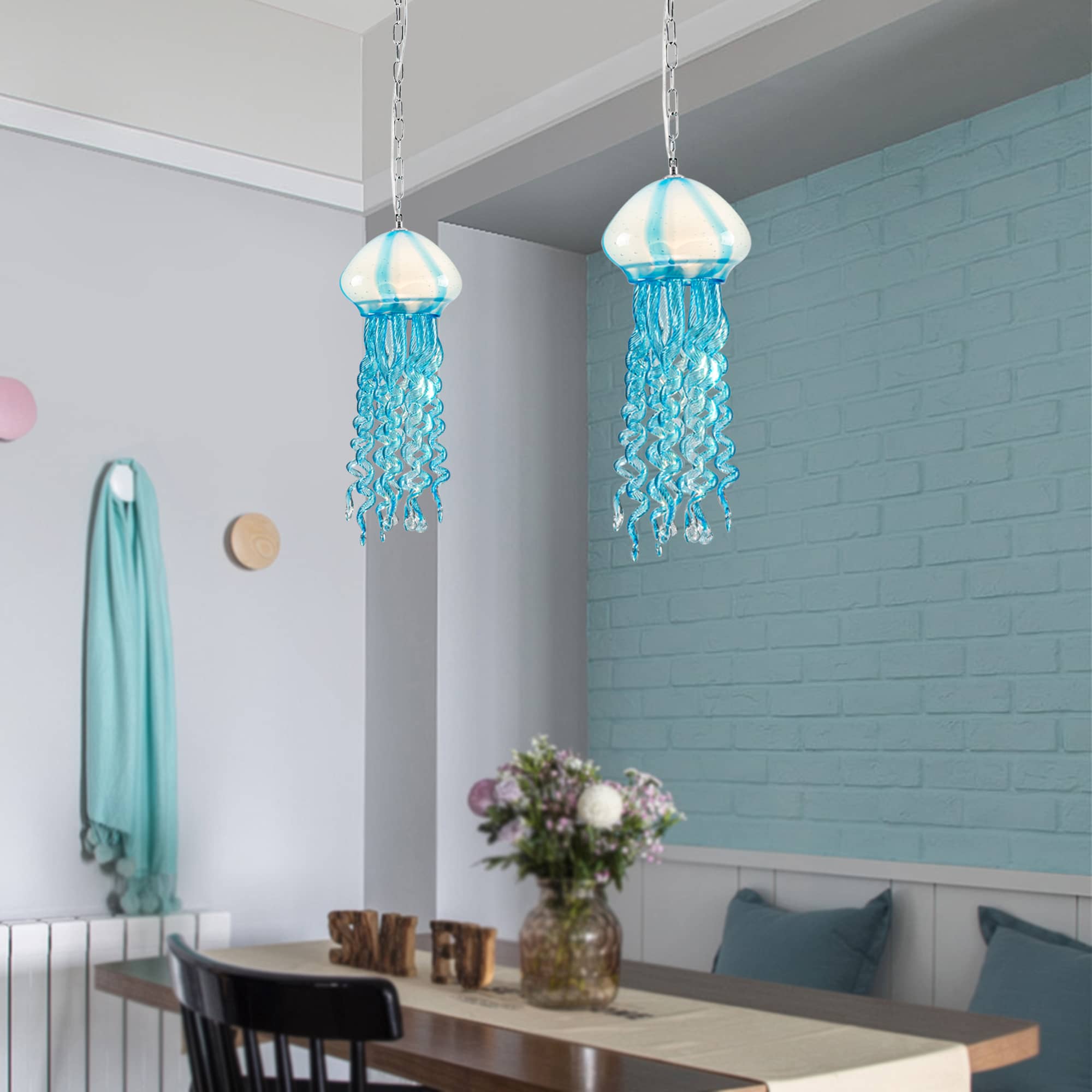 Murano Style Blown Glass Jellyfish Pendant Lamp Wind Chime Suncatcher Blue - BeyPan