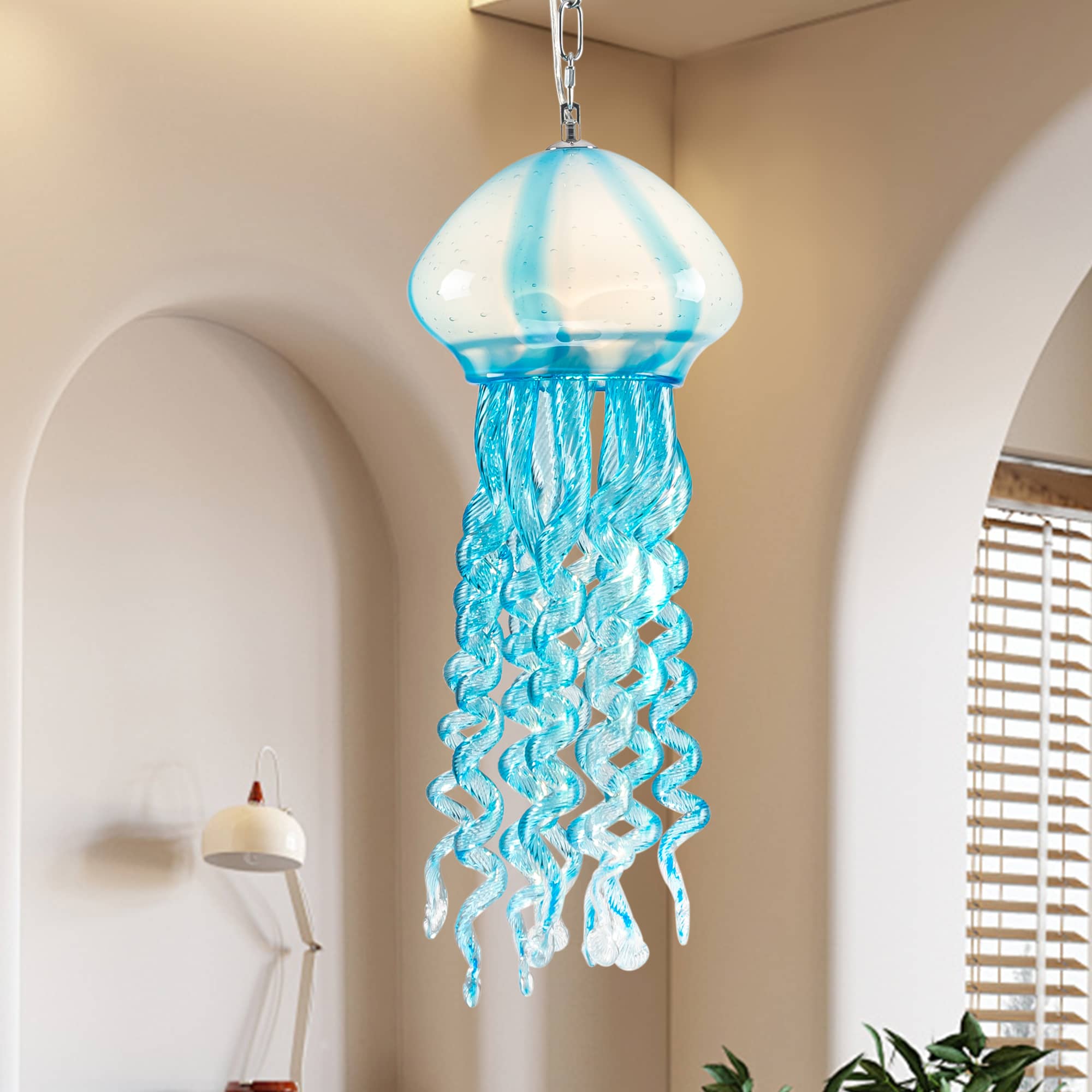 Murano Style Blown Glass Jellyfish Pendant Lamp Wind Chime Suncatcher Blue - BeyPan