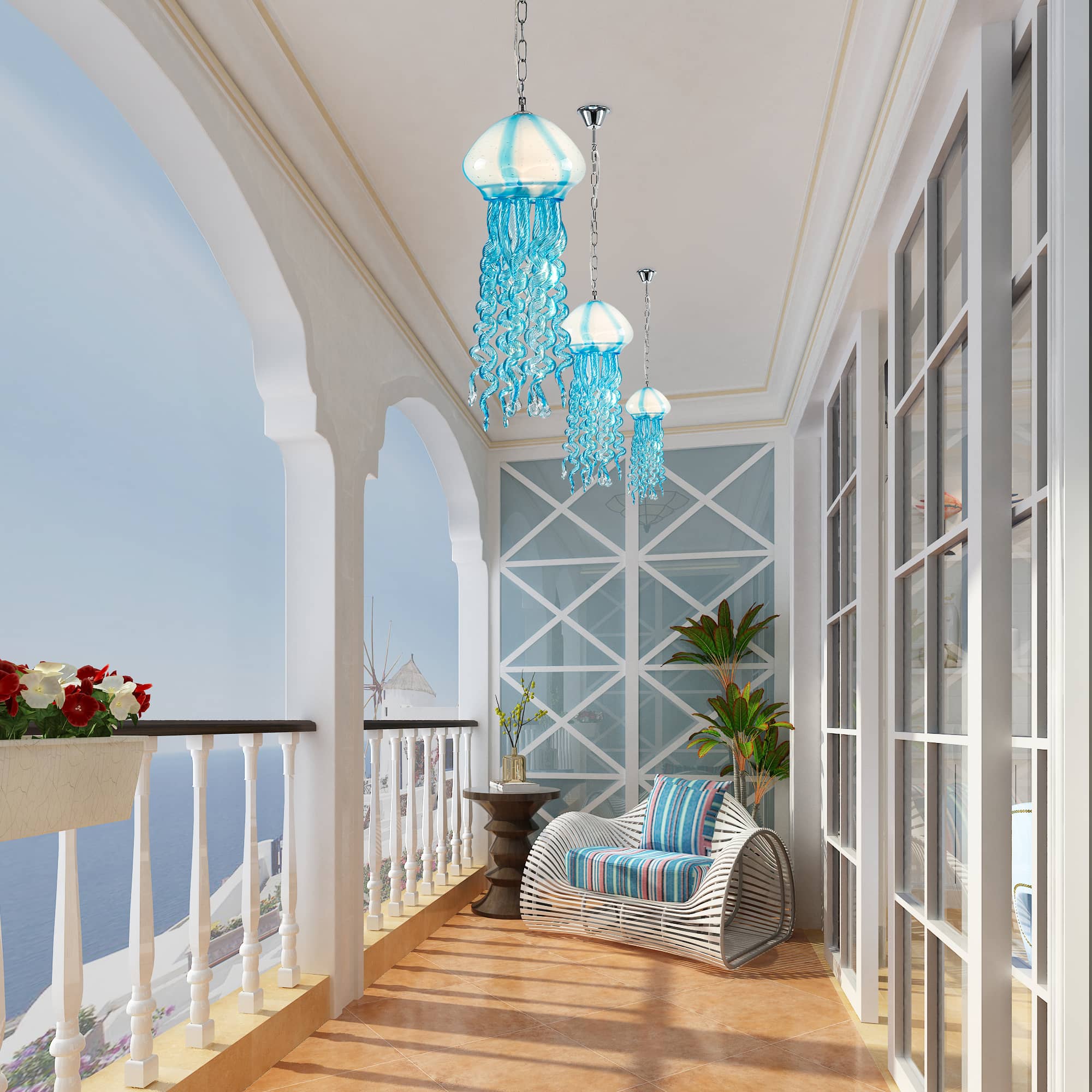 Murano Style Blown Glass Jellyfish Pendant Lamp Wind Chime Suncatcher Blue - BeyPan