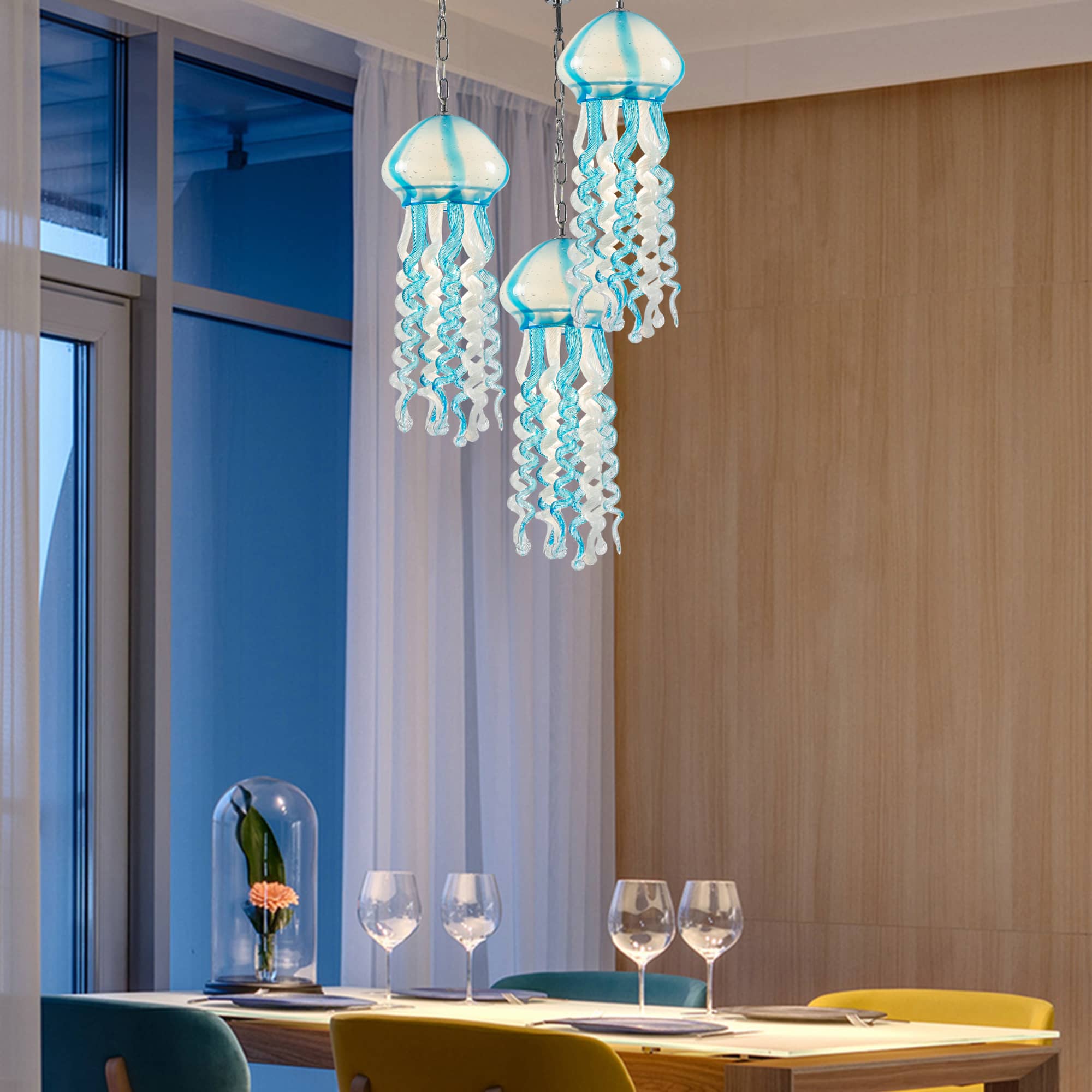 Murano Style Blown Glass Jellyfish Pendant Wind Chime Blue & White - BeyPan
