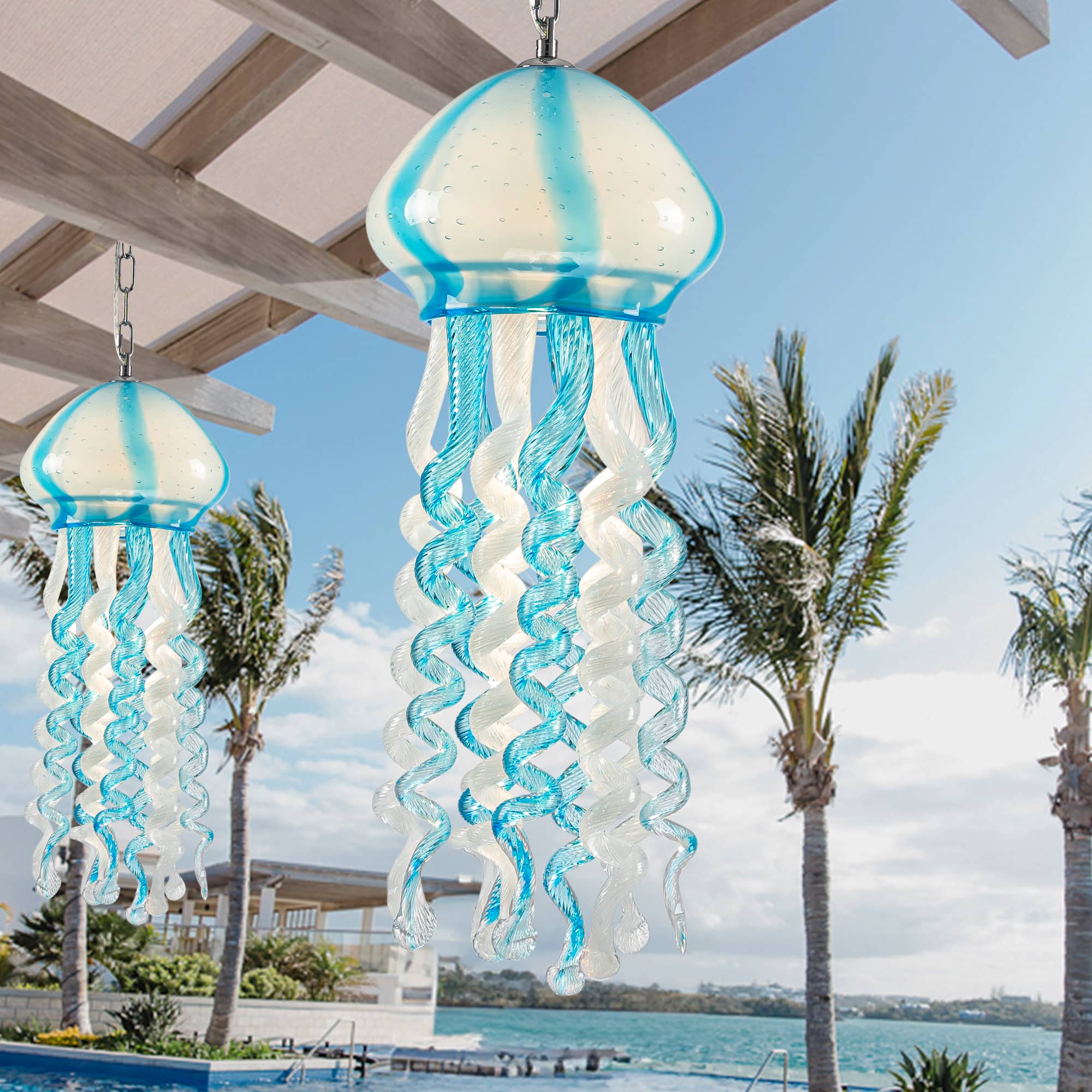 Murano Style Blown Glass Jellyfish Pendant Wind Chime Blue & White Zweitbild
