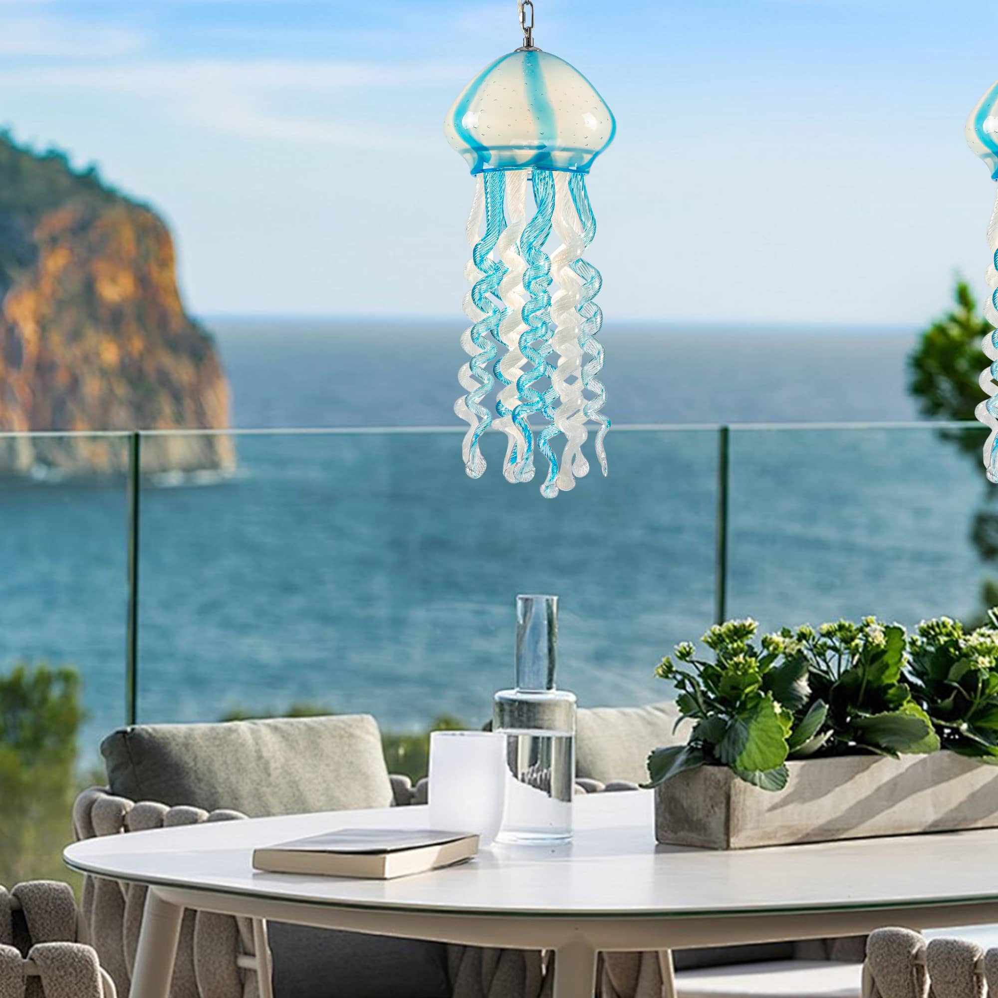 Murano Style Blown Glass Jellyfish Pendant Wind Chime Blue & White - BeyPan