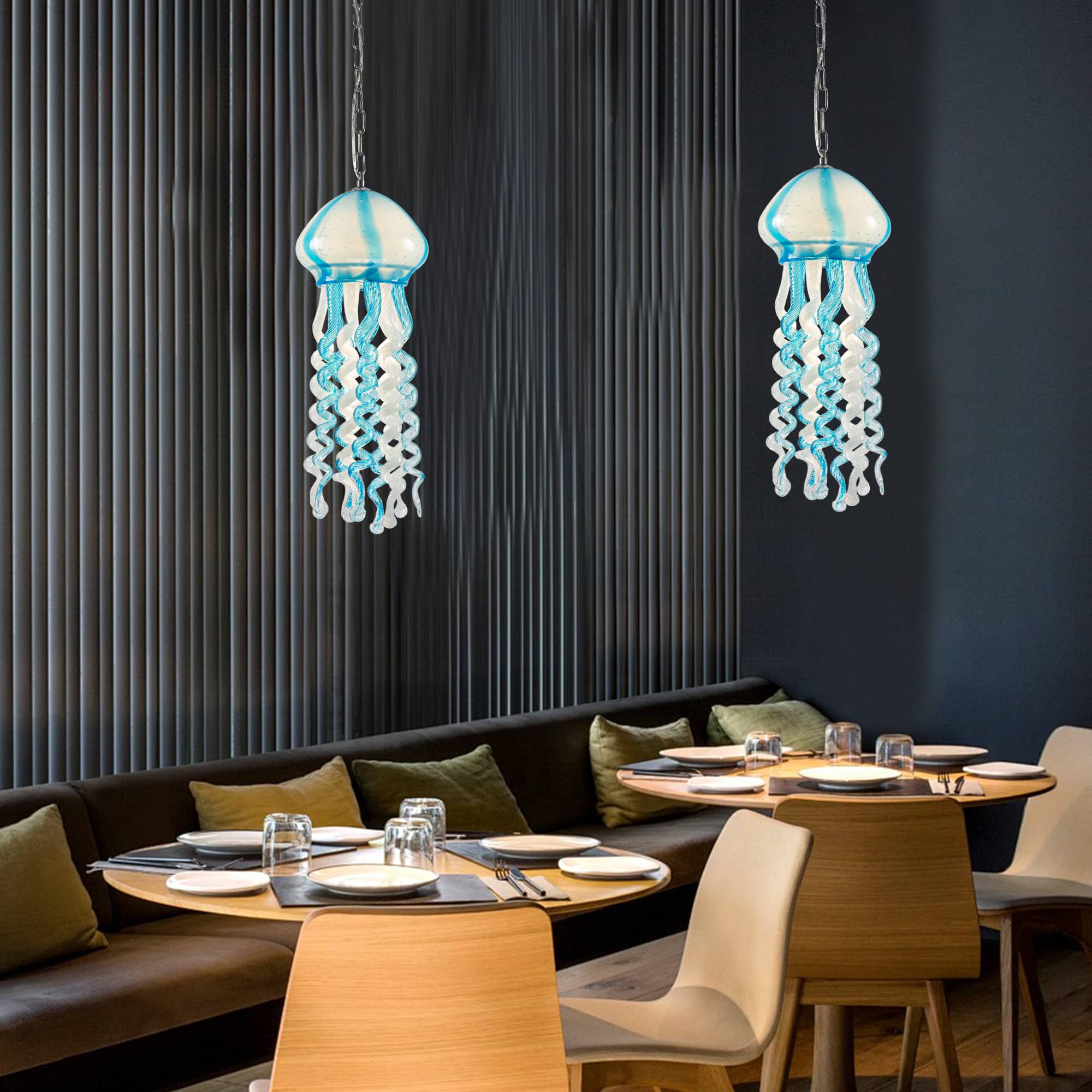 Murano Style Blown Glass Jellyfish Pendant Wind Chime Blue & White - BeyPan