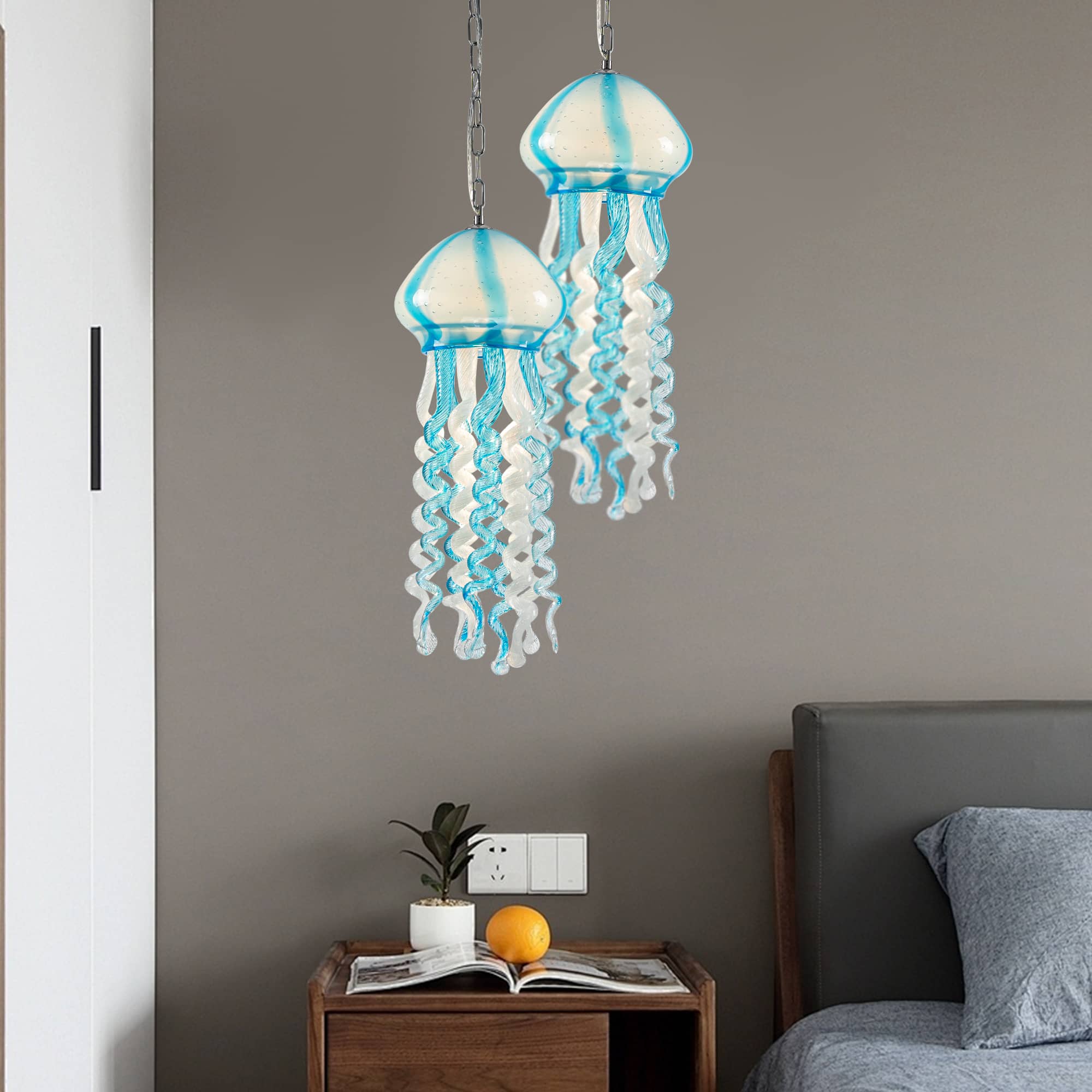 Murano Style Blown Glass Jellyfish Pendant Wind Chime Blue & White - BeyPan