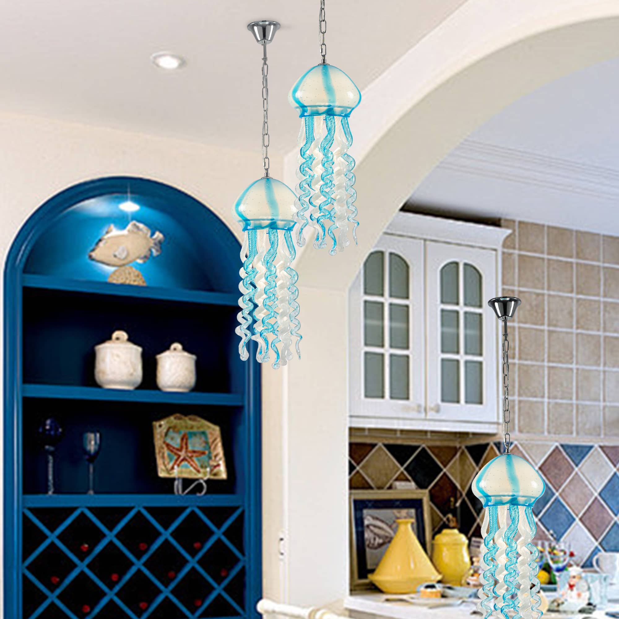 Murano Style Blown Glass Jellyfish Pendant Wind Chime Blue & White - BeyPan