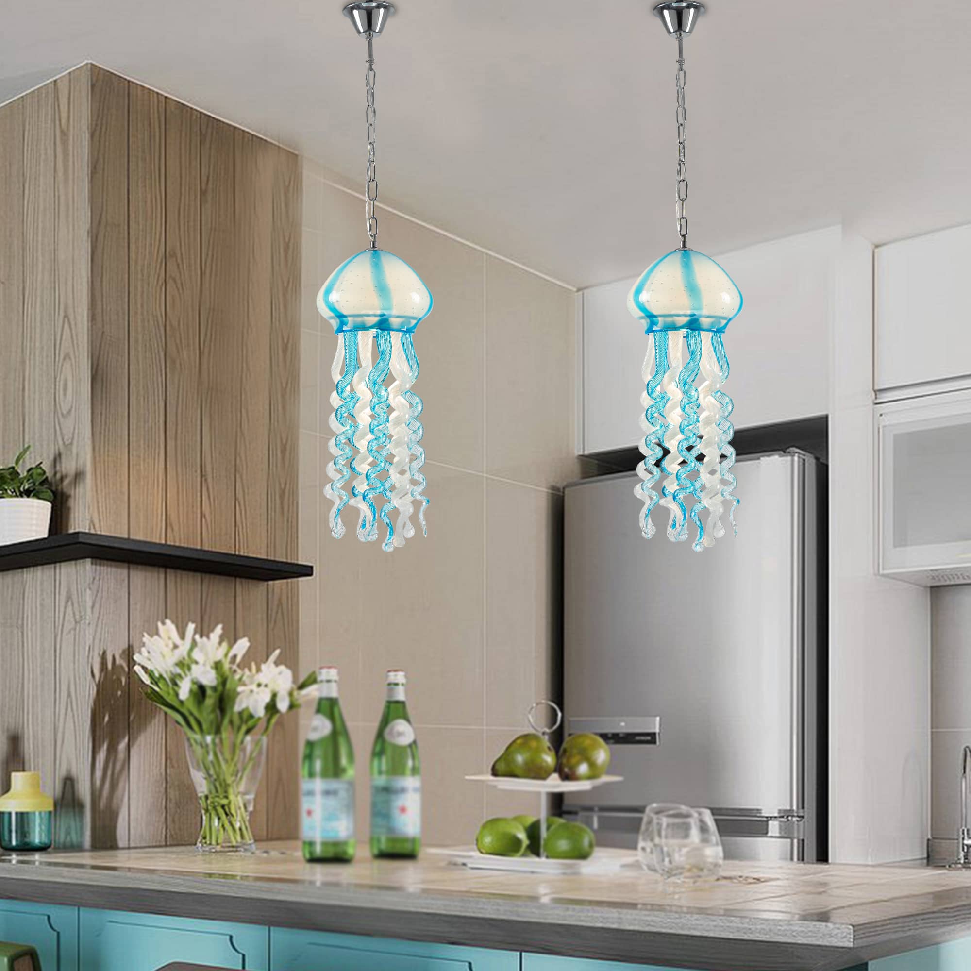 Murano Style Blown Glass Jellyfish Pendant Wind Chime Blue & White - BeyPan