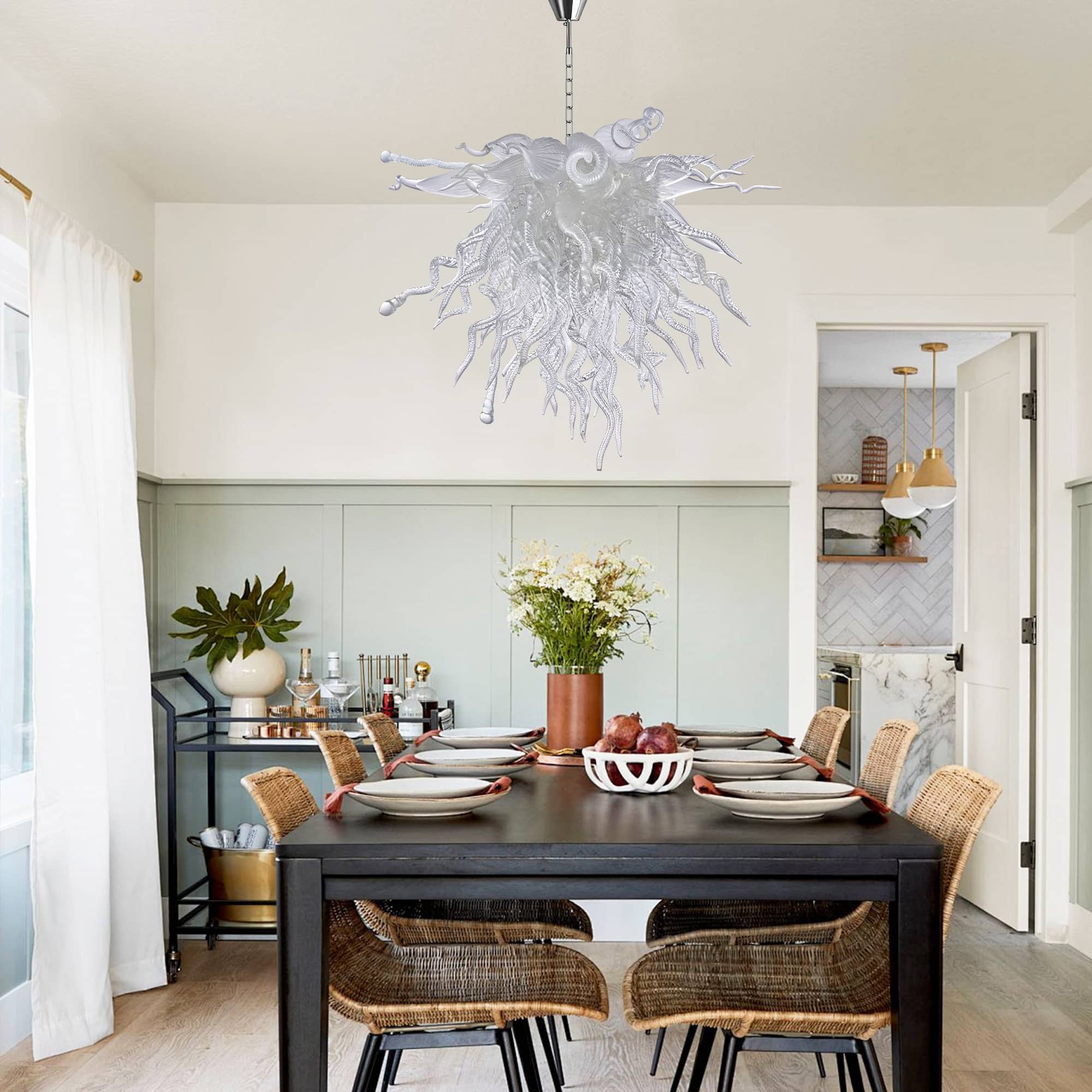 Murano Style Clear Blown Glass Chandelier - Minimalist Sculptural Art Lighting - BeyPan