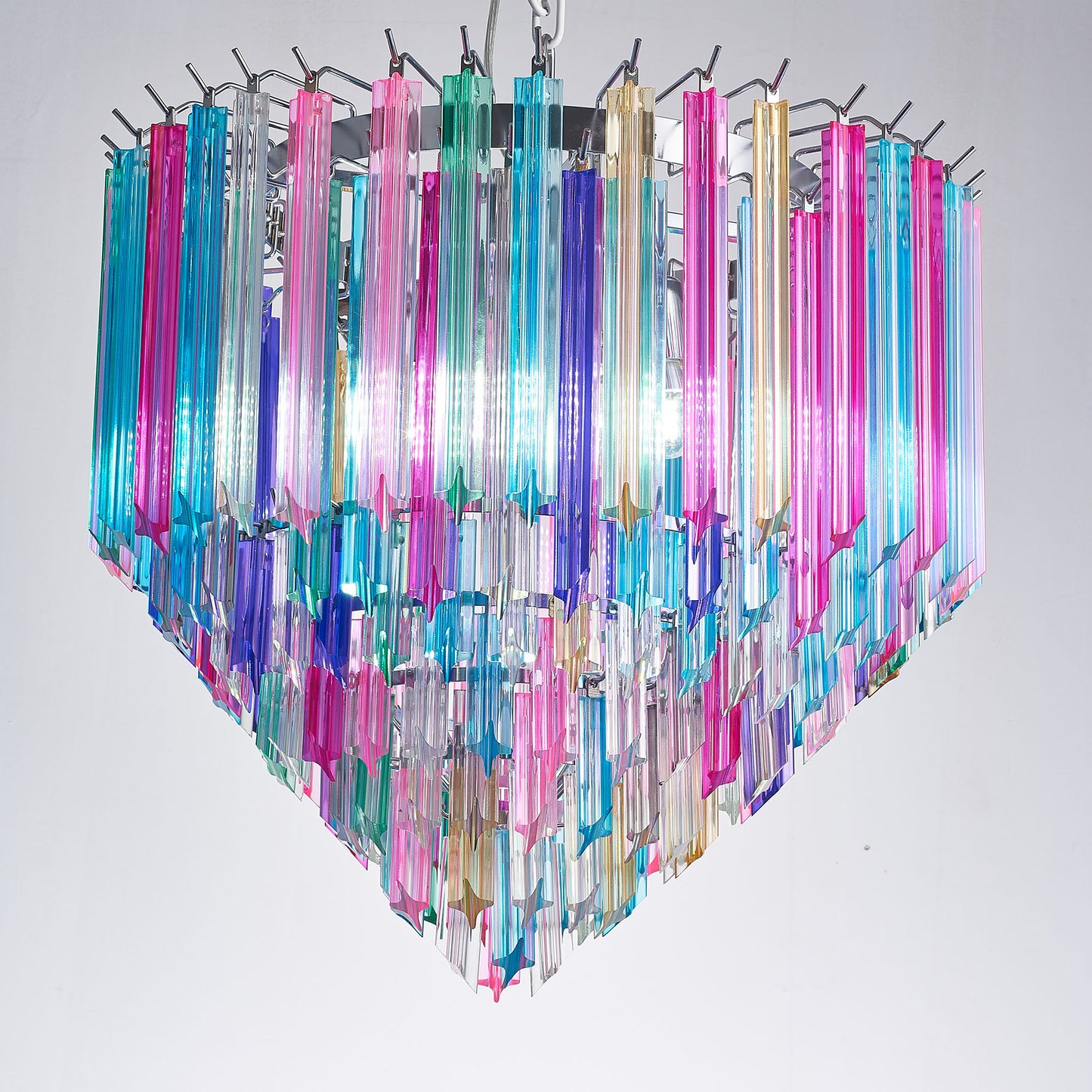 Mid Century Multi-colors Rainbow Glass Prisms Towered Chandelier