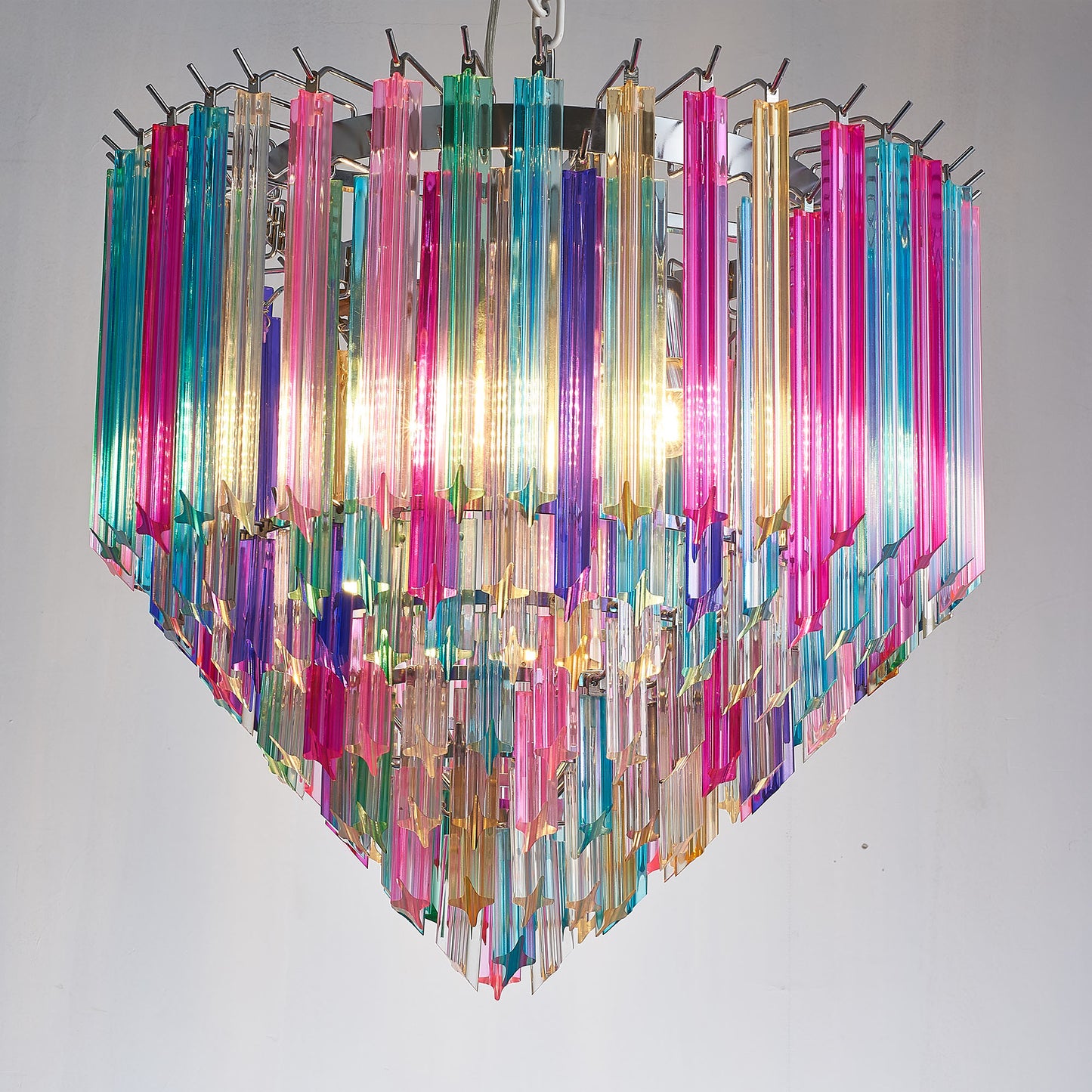 Mid Century Multi-colors Rainbow Glass Prisms Tiered Chandelier