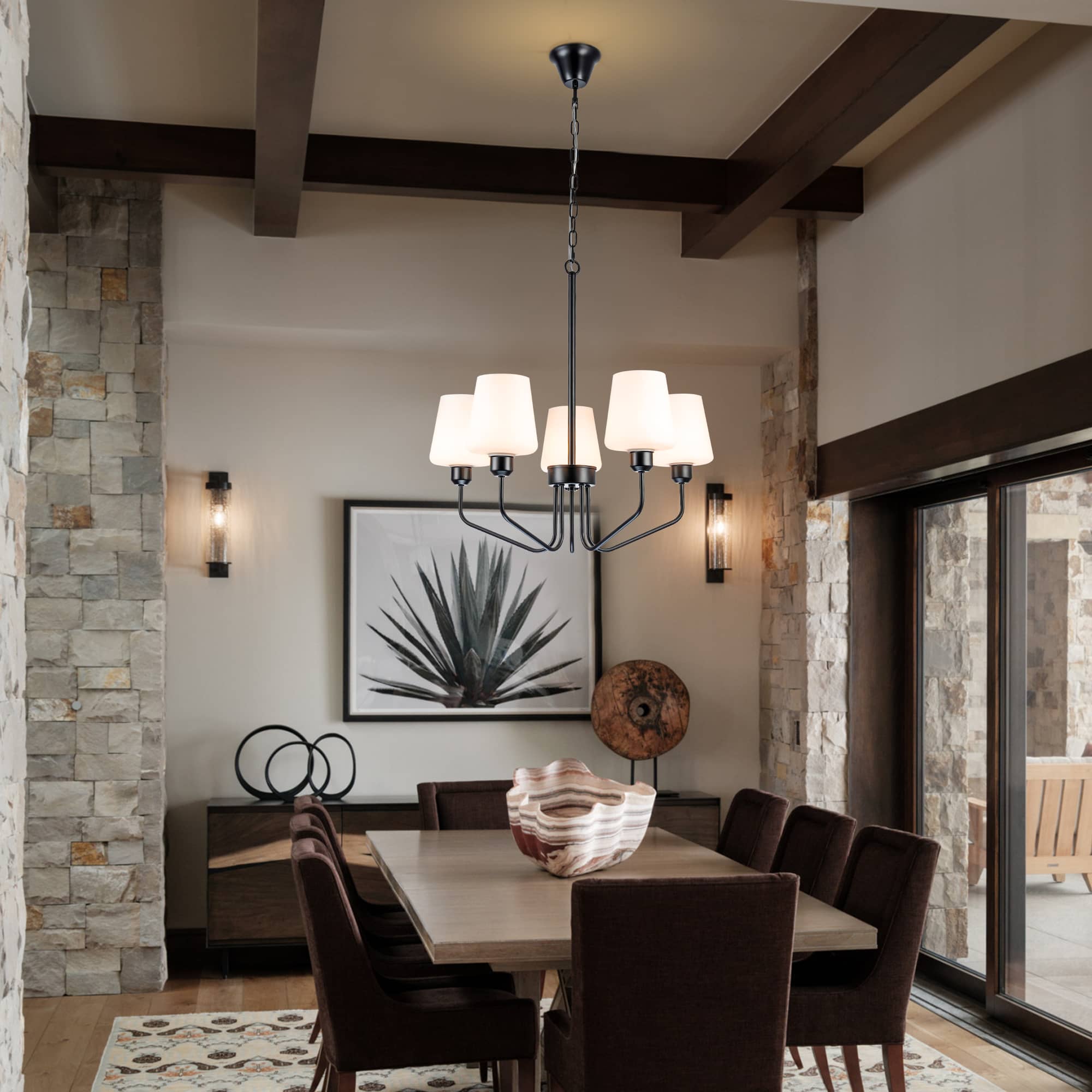 Nordic Style Candelabra Chandelier Matte Black White Glass Shade - BeyPan
