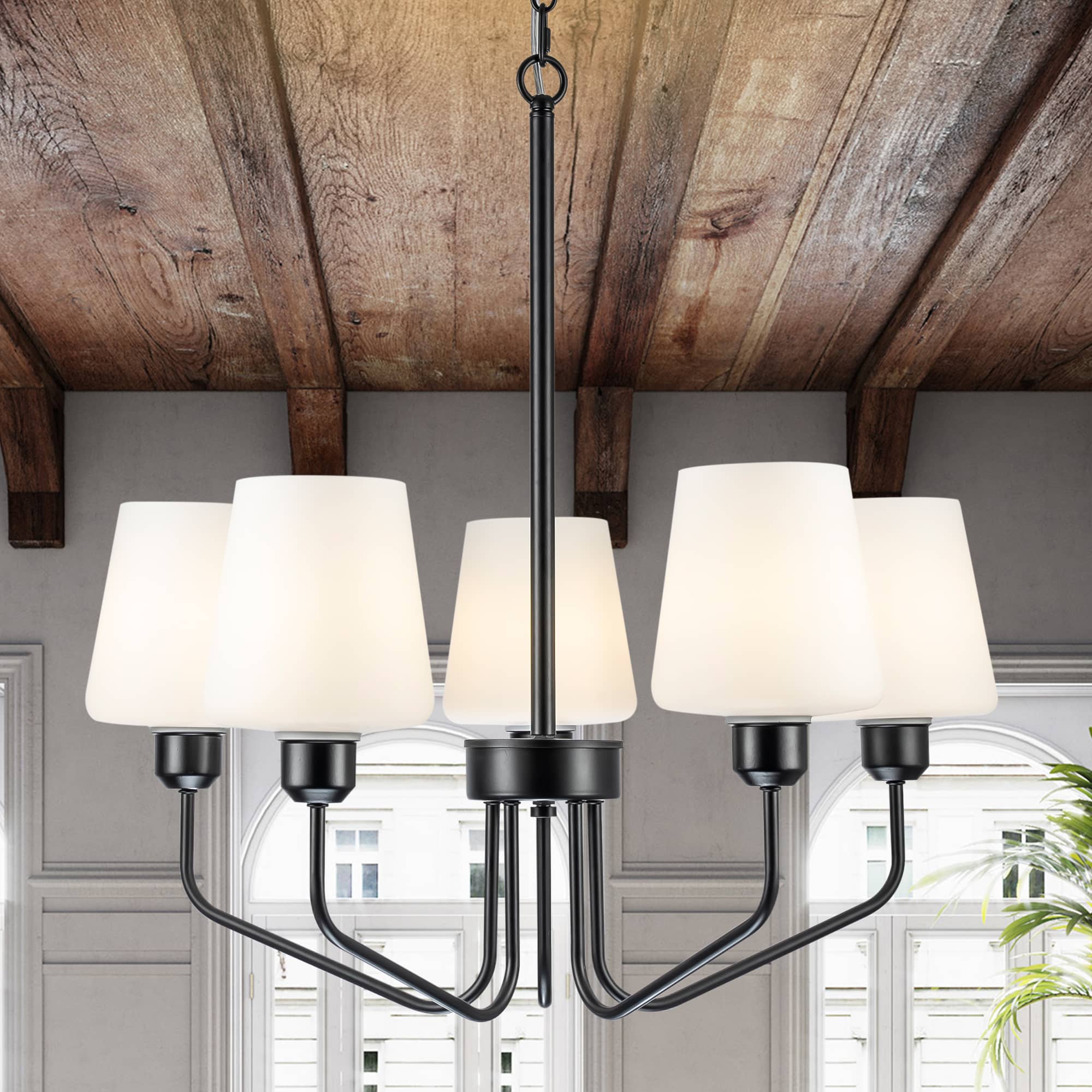 Nordic Style Candelabra Chandelier Matte Black White Glass Shade - BeyPan