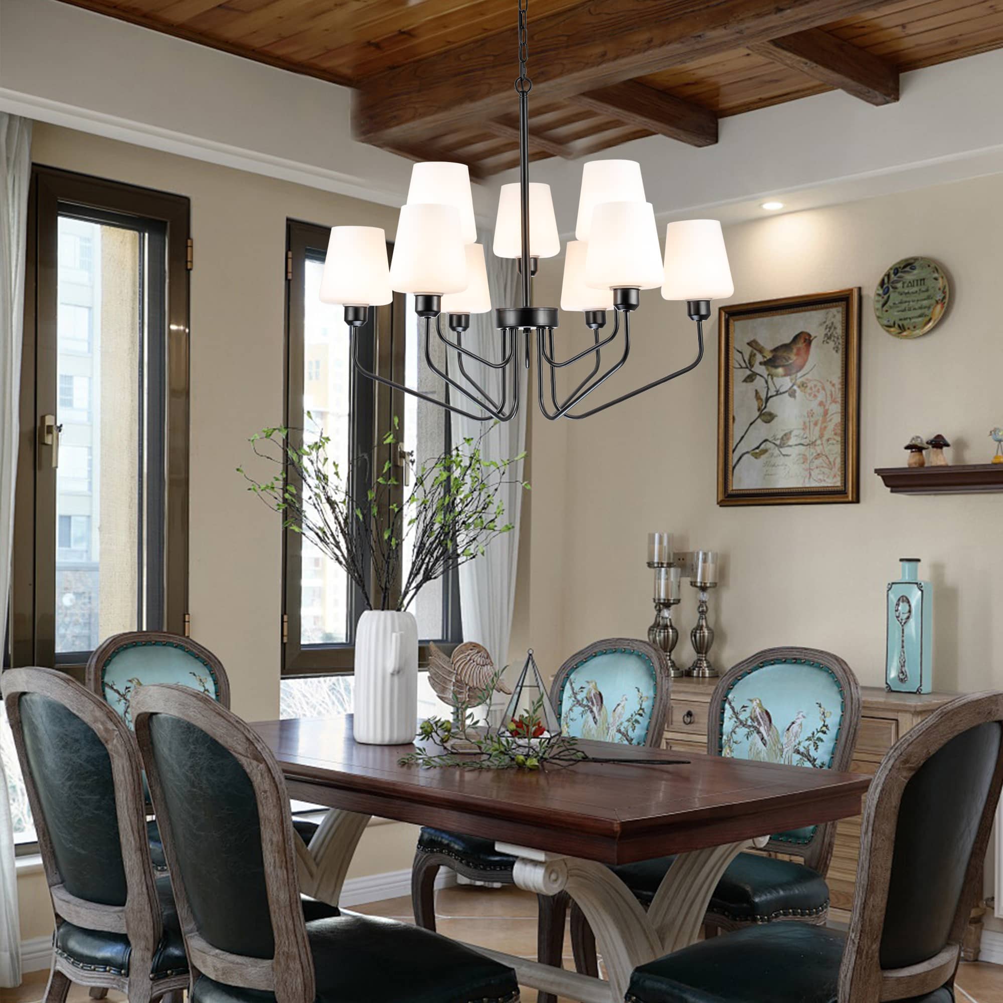 Nordic Style Candelabra Chandelier Matte Black White Glass Shade - BeyPan