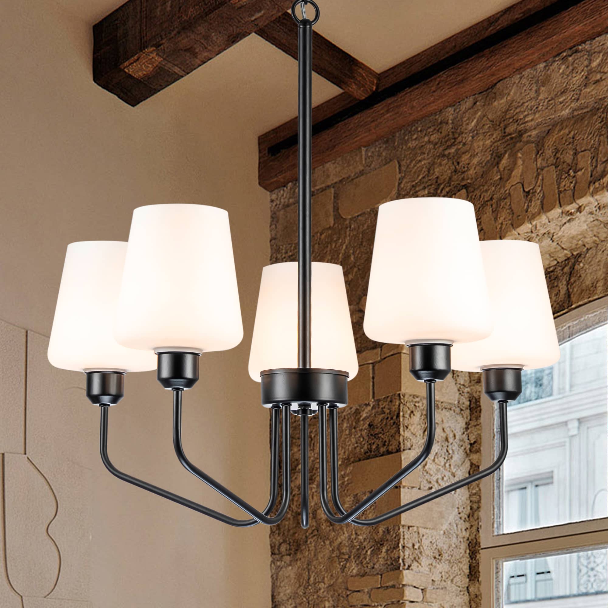 Nordic Style Candelabra Chandelier Matte Black White Glass Shade - BeyPan Hauptbild