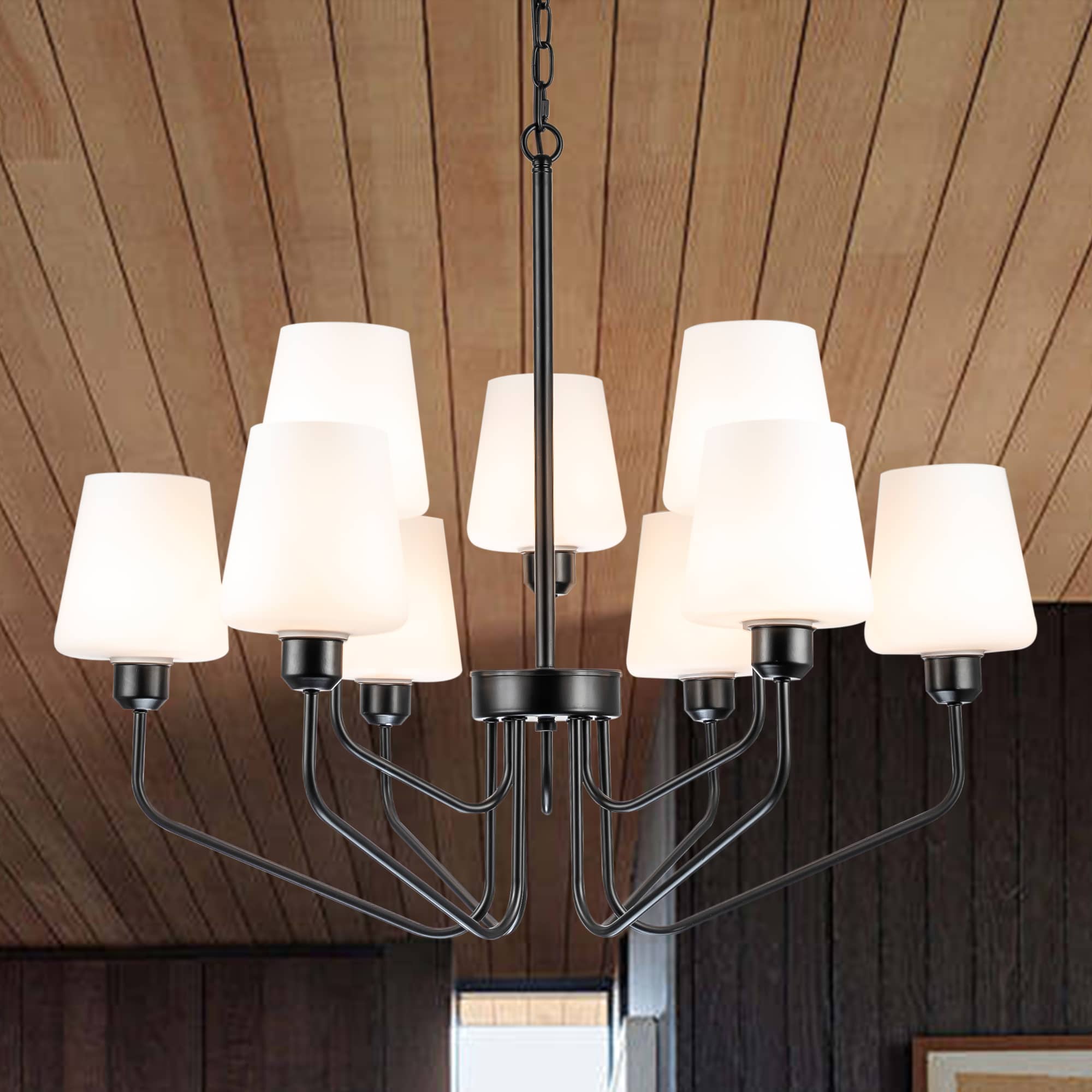 Nordic Style Candelabra Chandelier Matte Black White Glass Shade - BeyPan