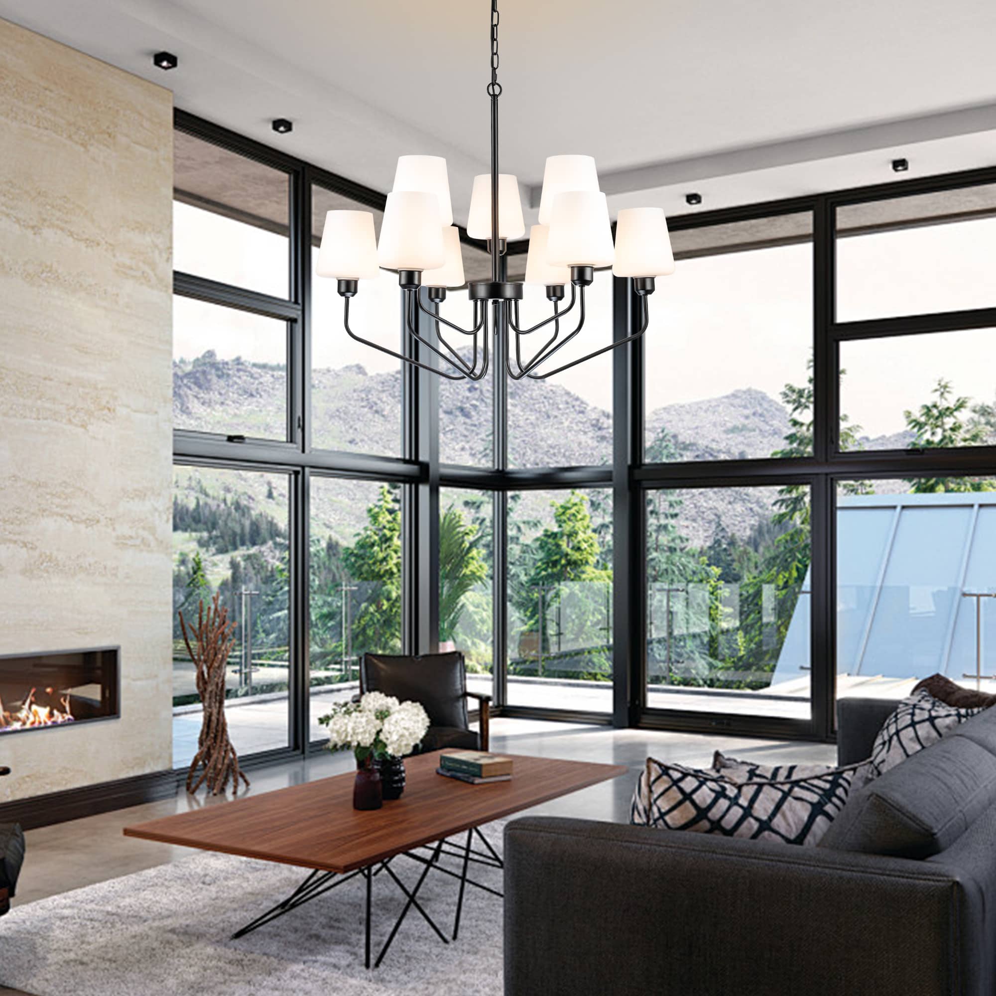Nordic Style Candelabra Chandelier Matte Black White Glass Shade - BeyPan