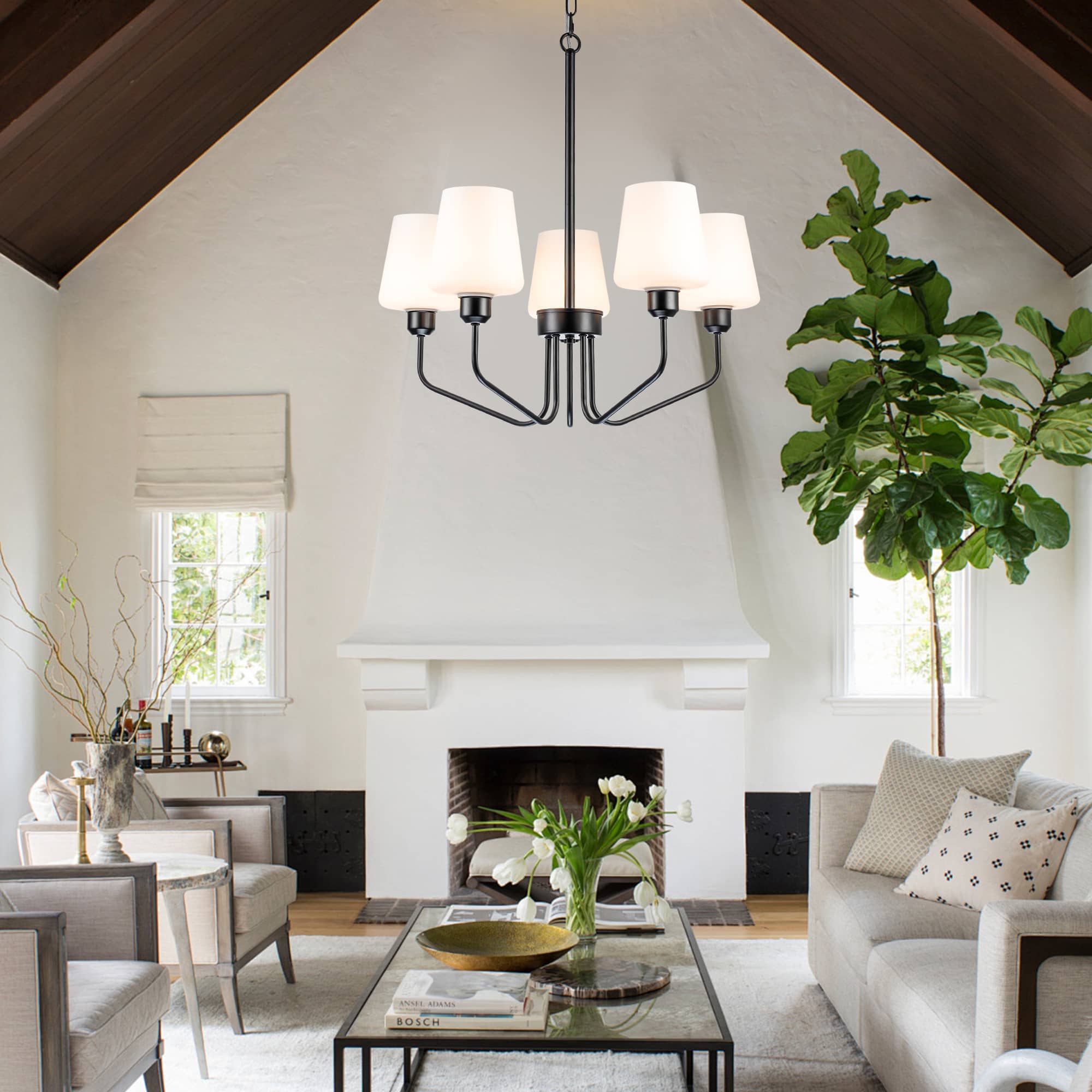 Nordic Style Candelabra Chandelier Matte Black White Glass Shade - BeyPan