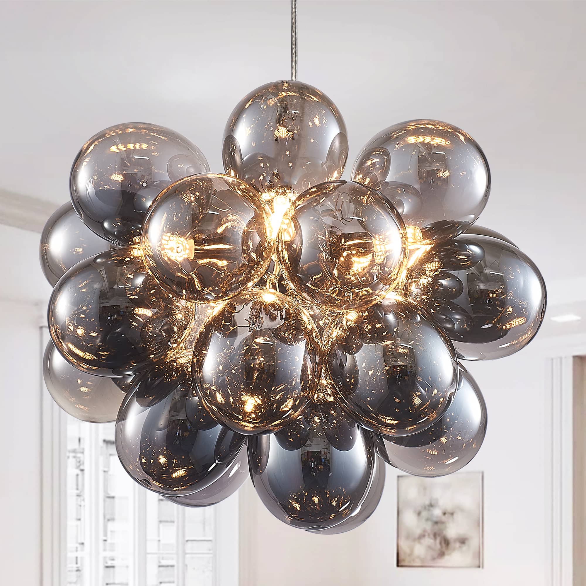 Obsidian Gloom Smoked Glass Bubble Chandelier - Reflective Charcoal & Mirror Grey - BeyPan