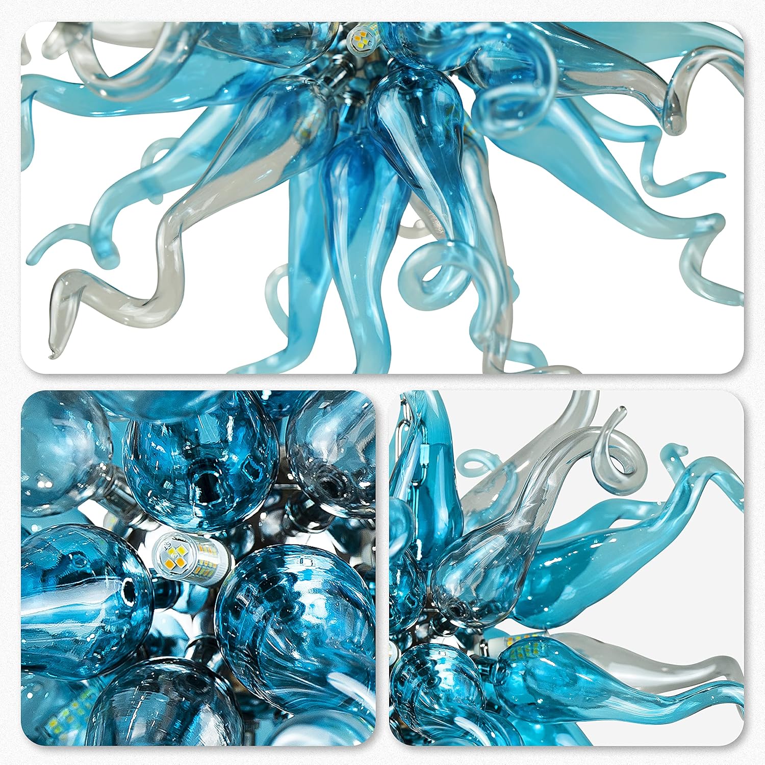 Oceanic Blue Heart Shaped Blown Glass Chandelier – Chihuly Style Artisan Art Glass Lighting Zweitbild