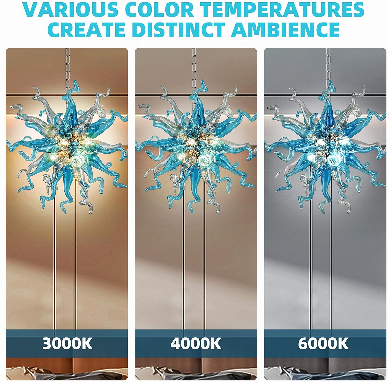 Oceanic Blue Heart Shaped Blown Glass Chandelier – Chihuly Style Artisan Art Glass Lighting - BeyPan