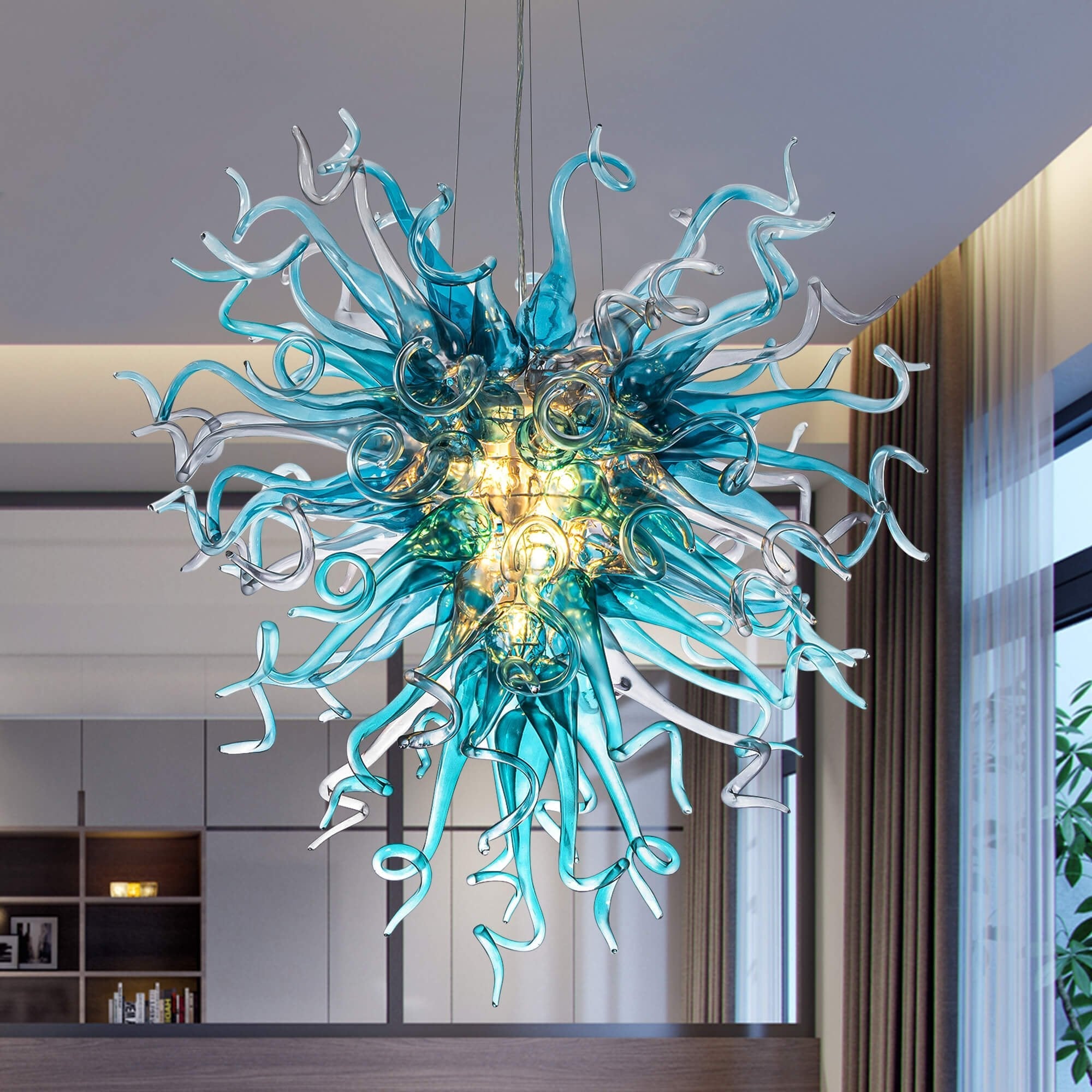 Oceanic Blue Heart Shaped Blown Glass Chandelier – Chihuly Style Artisan Art Glass Lighting - BeyPan Hauptbild