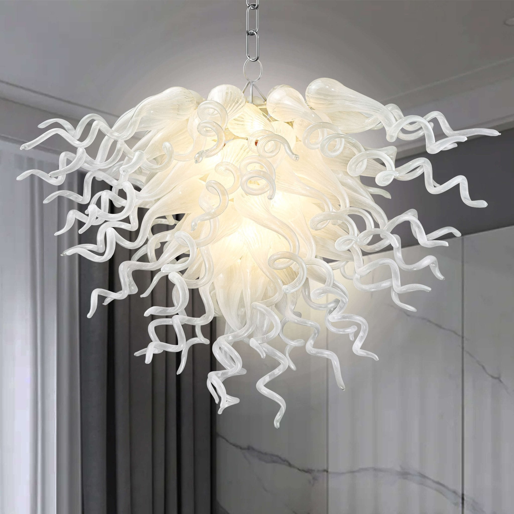 Pearl White Blown Glass Chandelier – Handcrafted Chihuly Style Art Glass - BeyPan
