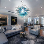 Planet Blast Artisan Blown Glass Chandelier - Modern Aqua Blue, Clear & Gray - BeyPan