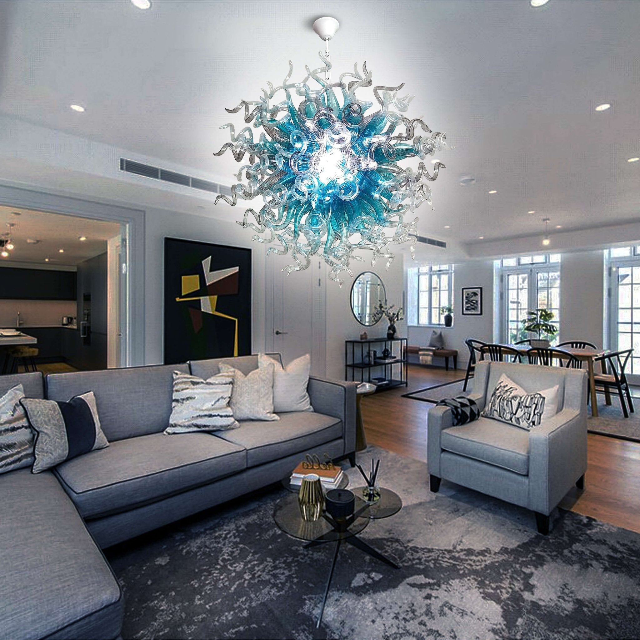Planet Blast Artisan Blown Glass Chandelier - Modern Aqua Blue, Clear & Gray - BeyPan