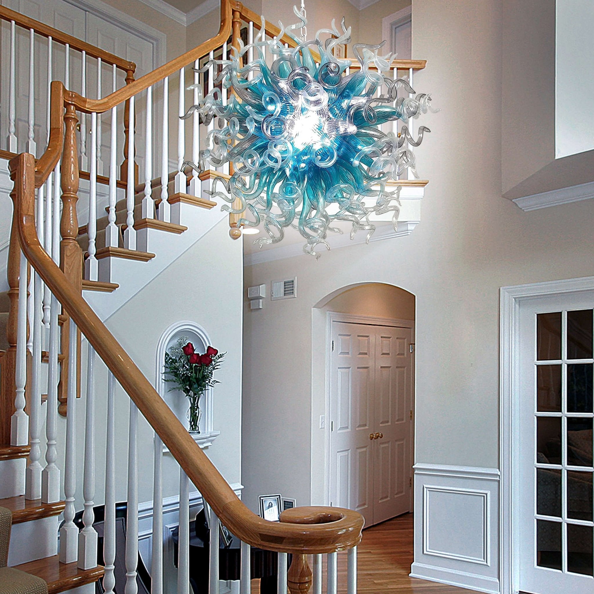 Planet Blast Artisan Blown Glass Chandelier - Modern Aqua Blue, Clear & Gray - BeyPan