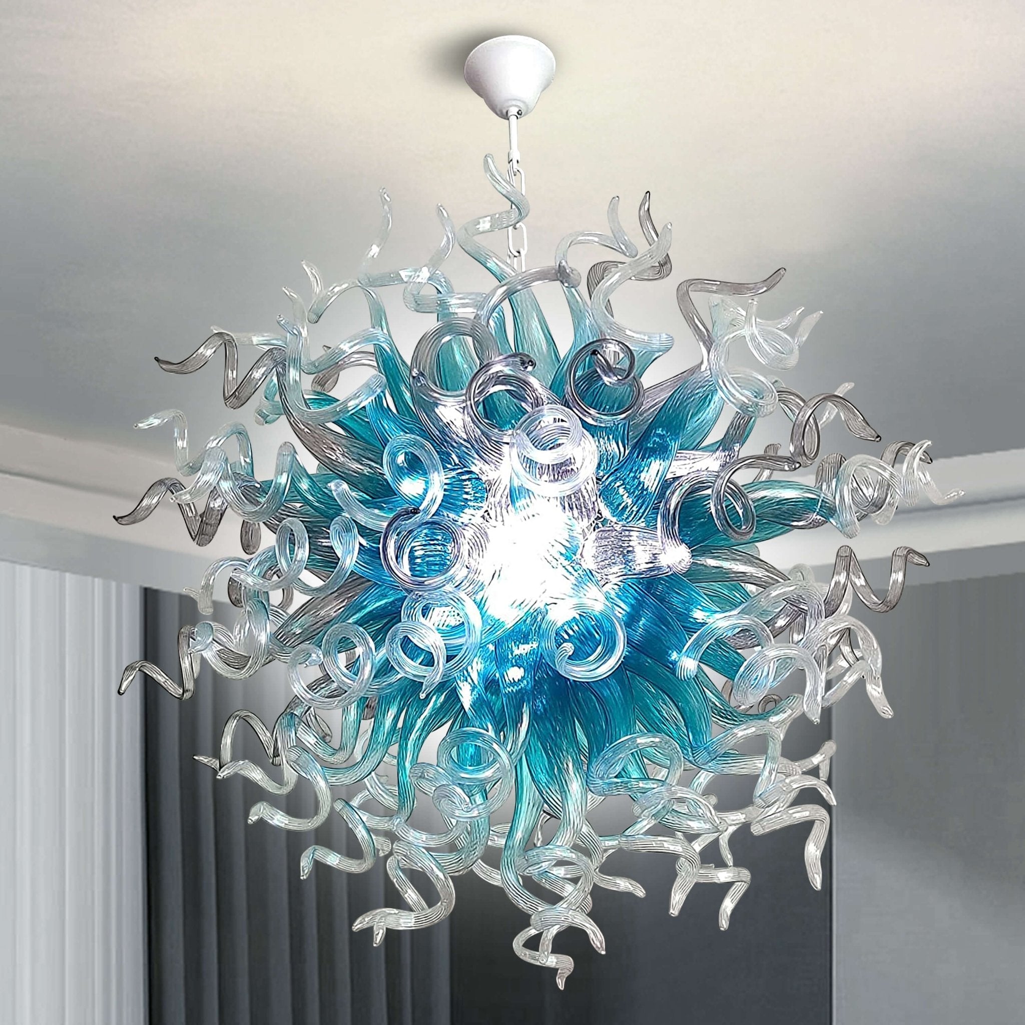 Planet Blast Artisan Blown Glass Chandelier - Modern Aqua Blue, Clear & Gray - BeyPan Hauptbild