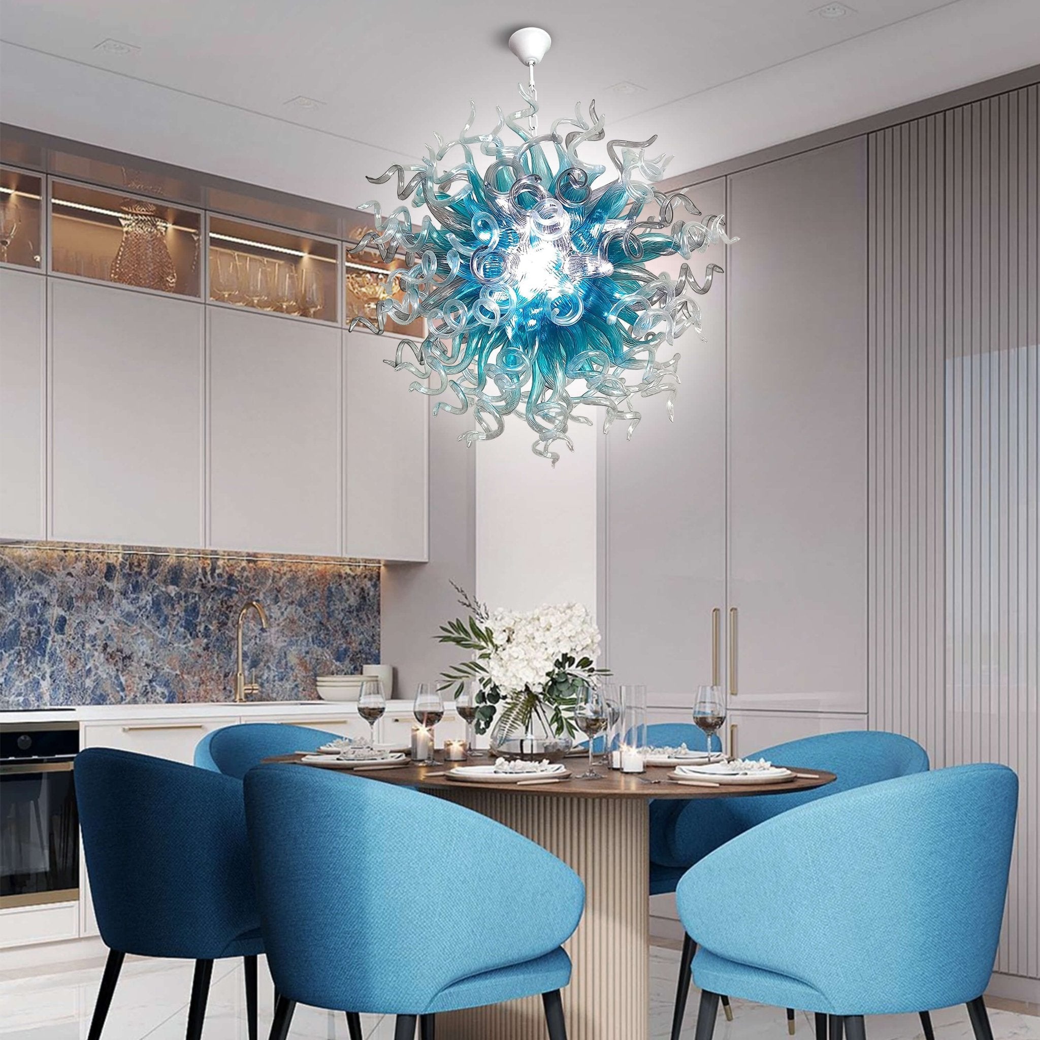 Planet Blast Artisan Blown Glass Chandelier - Modern Aqua Blue, Clear & Gray - BeyPan