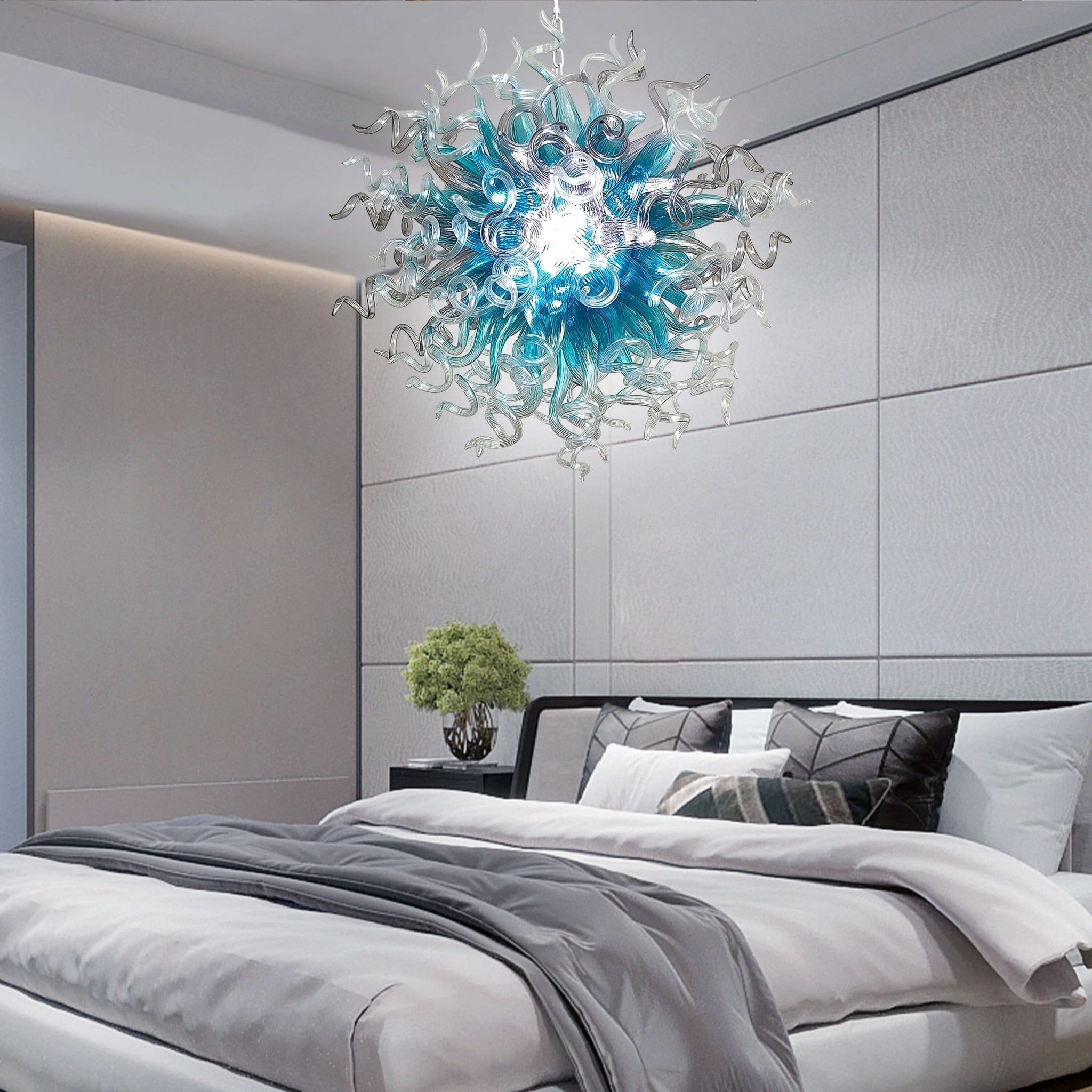 Planet Blast Artisan Blown Glass Chandelier - Modern Aqua Blue, Clear & Gray - BeyPan