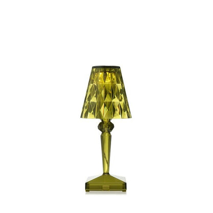 Stylish yellow acrylic crystal desk lamp with rechargeable cordless design.