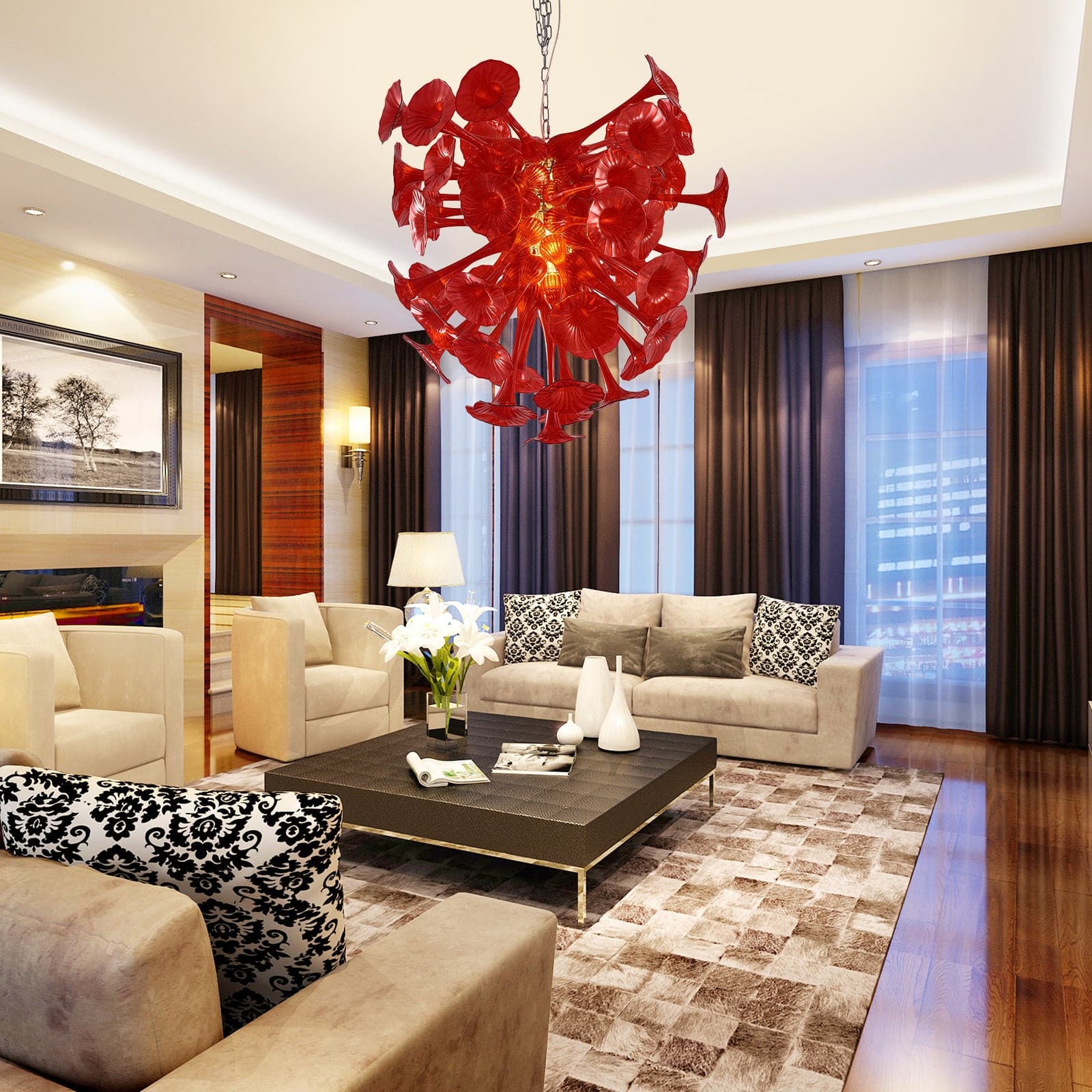 Red Calla Lily Blown Glass Chandelier Deluxe Home Decor - BeyPan