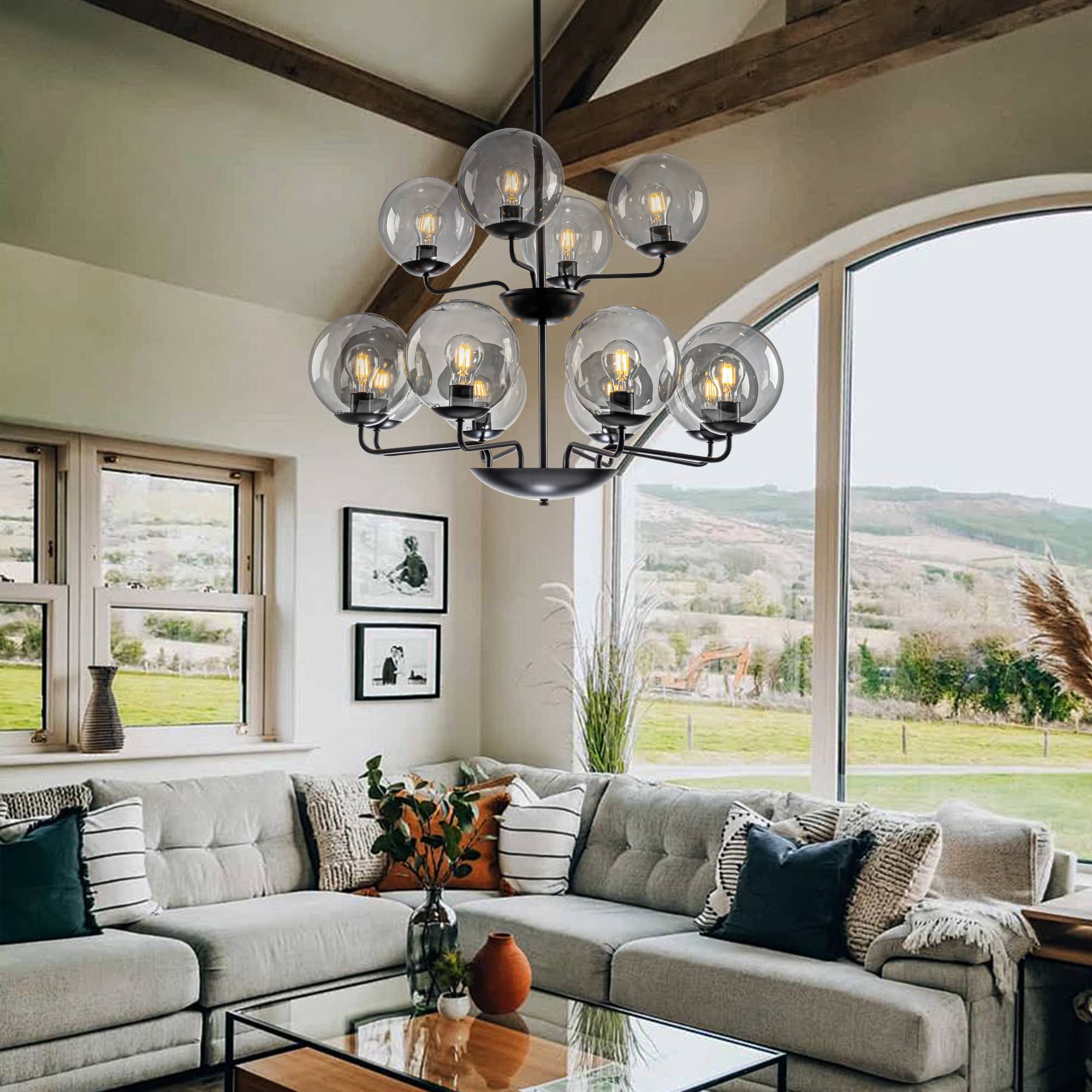 Retro Double-Tier Candelabra Chandelier 12-Light Glass Ball Shade Zweitbild