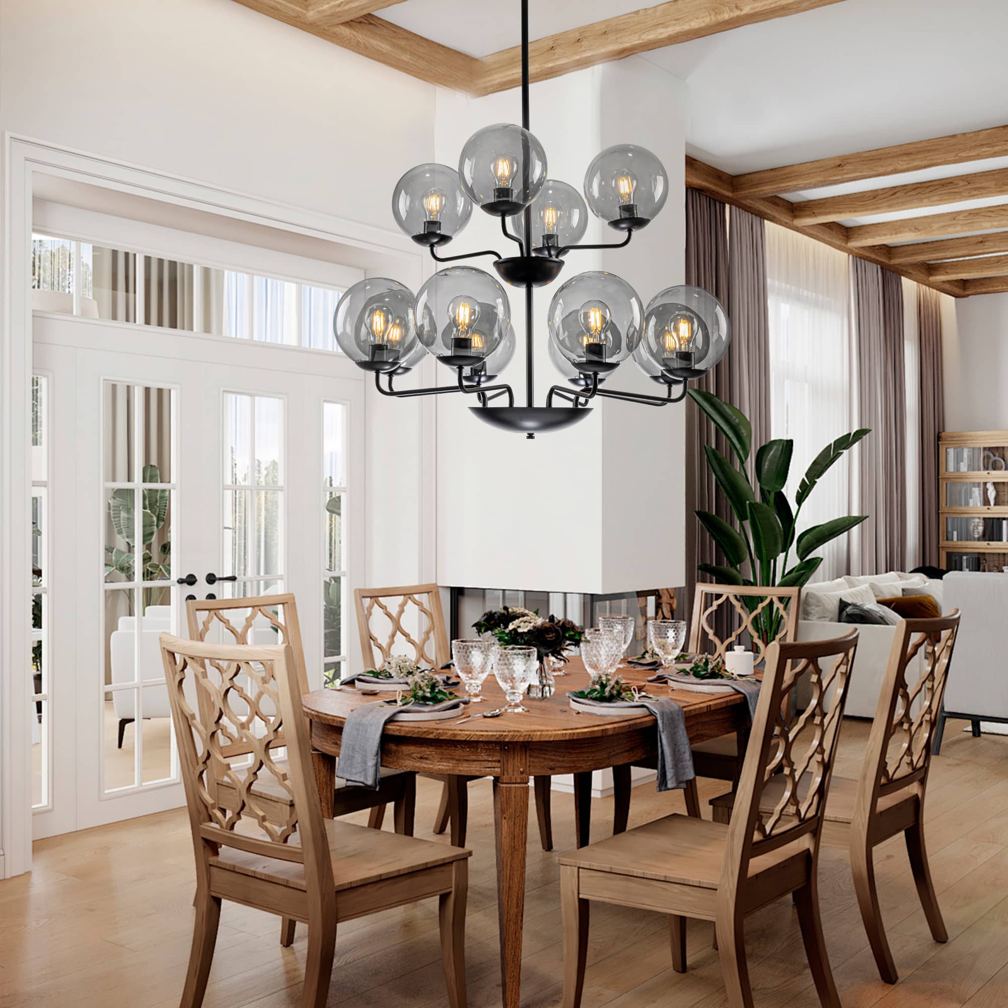 Retro Double-Tier Candelabra Chandelier 12-Light Glass Ball Shade - BeyPan