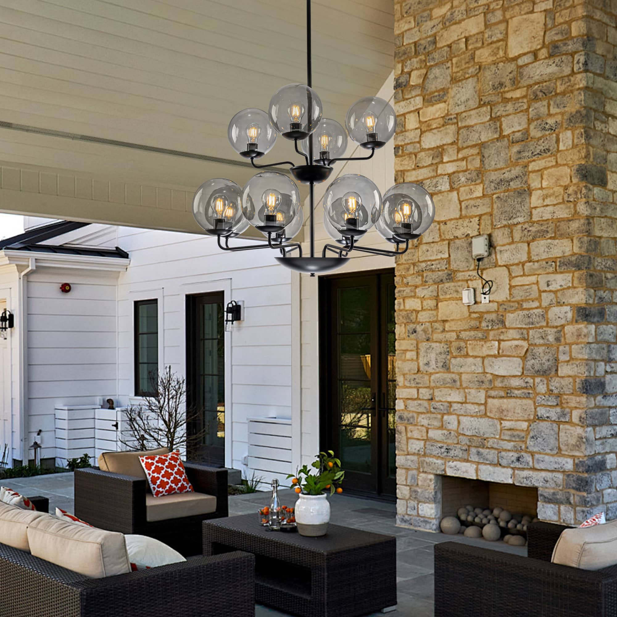 Retro Double-Tier Candelabra Chandelier 12-Light Glass Ball Shade - BeyPan
