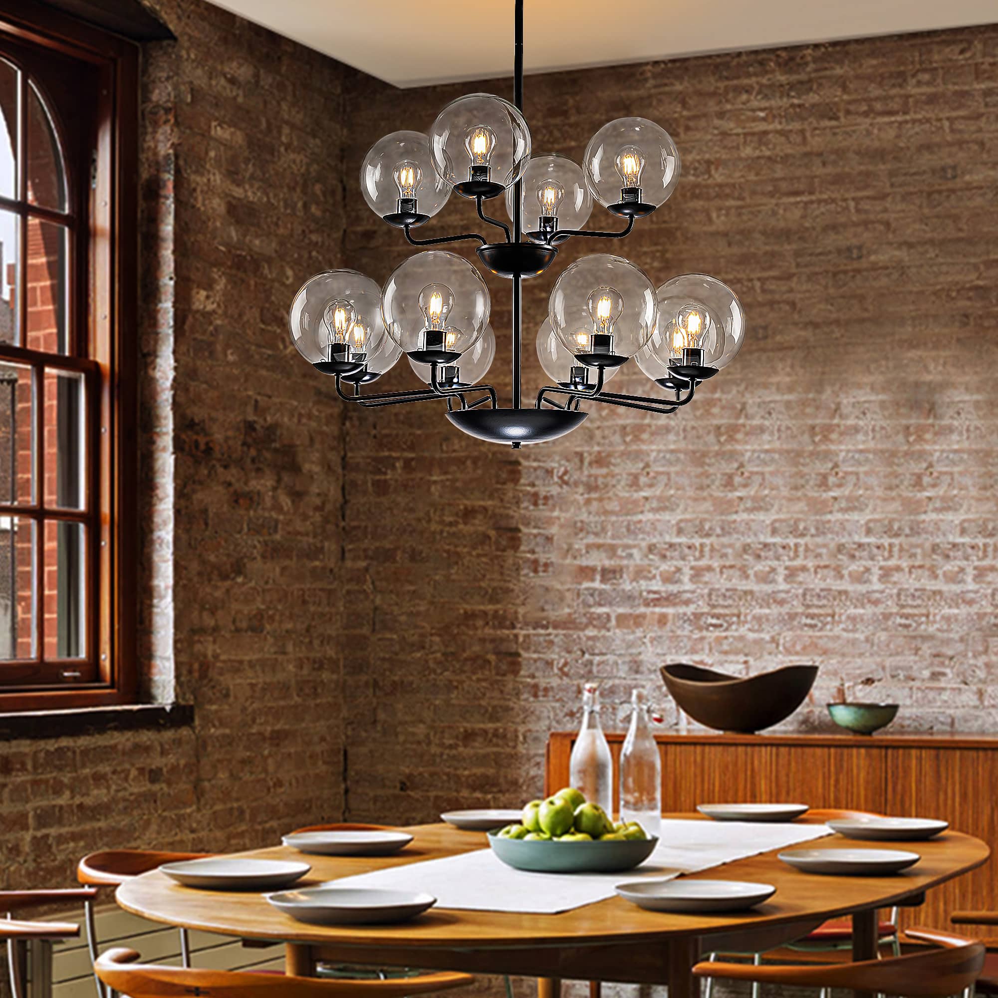 Retro Double-Tier Candelabra Chandelier 12-Light Glass Ball Shade - BeyPan
