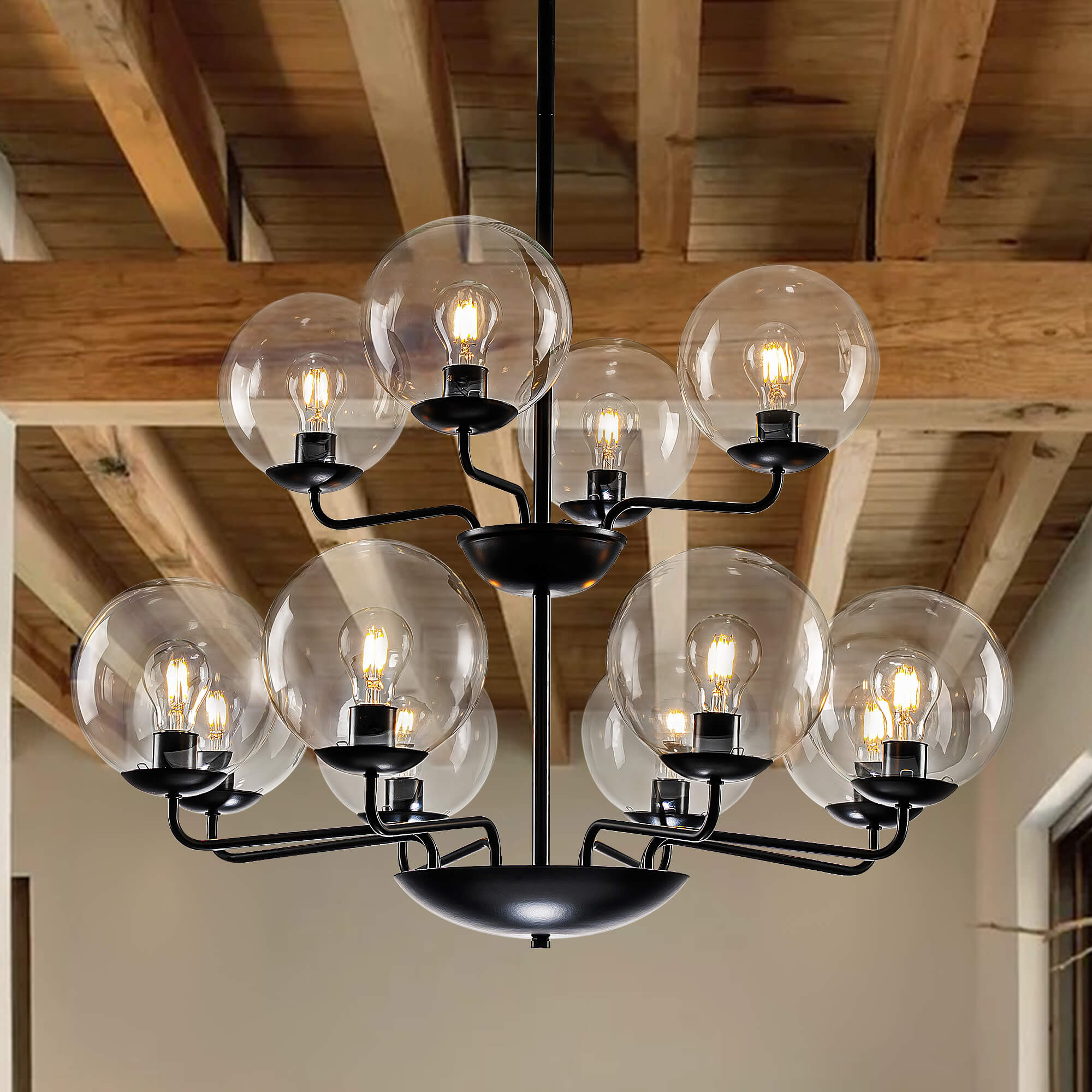 Retro Double-Tier Candelabra Chandelier 12-Light Glass Ball Shade - BeyPan