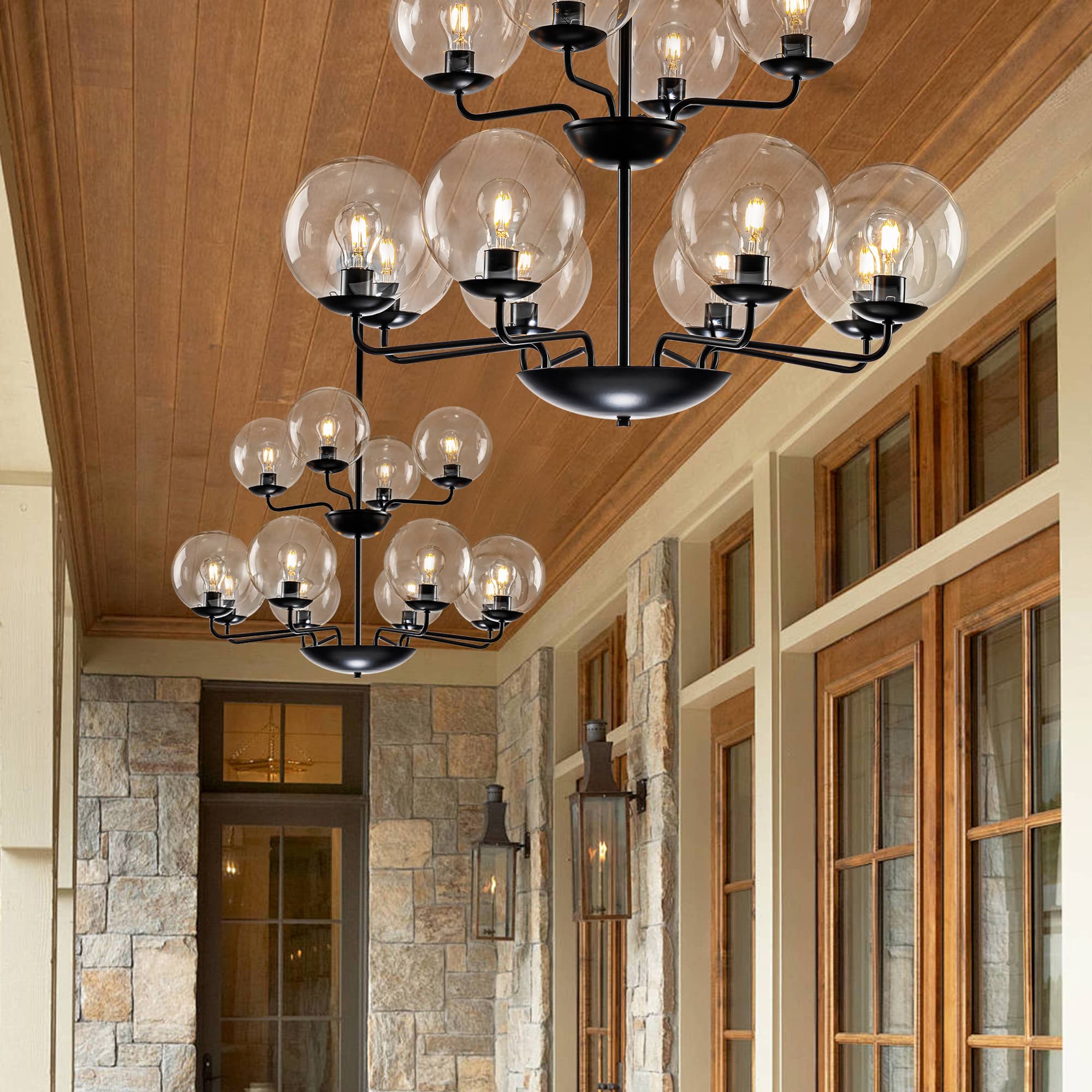 Retro Double-Tier Candelabra Chandelier 12-Light Glass Ball Shade - BeyPan