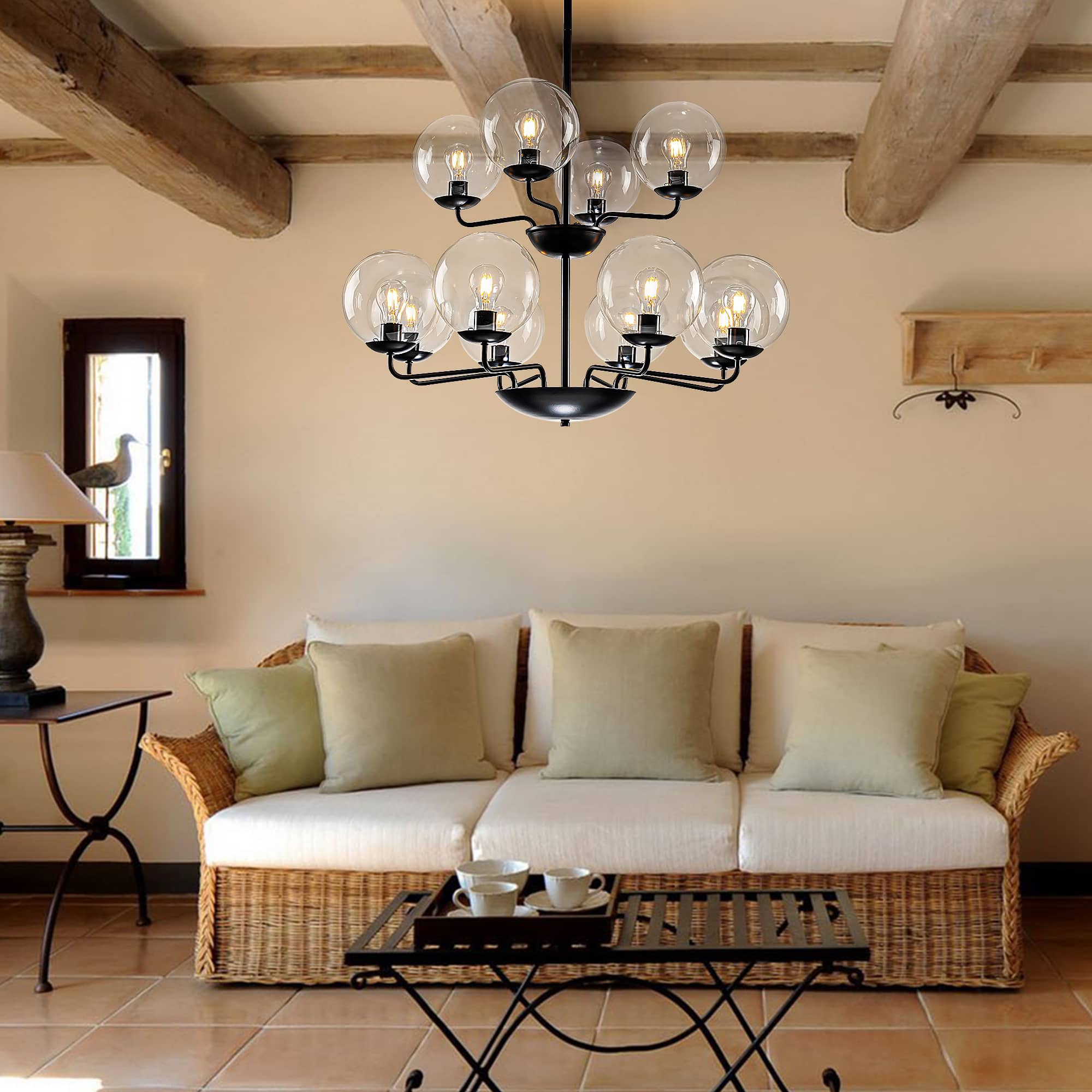Retro Double-Tier Candelabra Chandelier 12-Light Glass Ball Shade - BeyPan