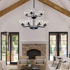 Retro Double-Tier Candelabra Chandelier 12-Light Glass Ball Shade - BeyPan