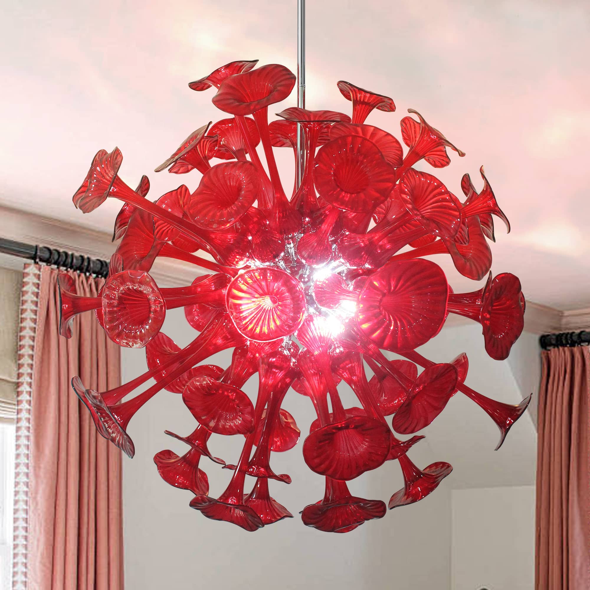 Ruby Red Horn Flower Hand-Blown Glass Chandelier - 34" Artistic Sputnik Starburst - BeyPan Hauptbild